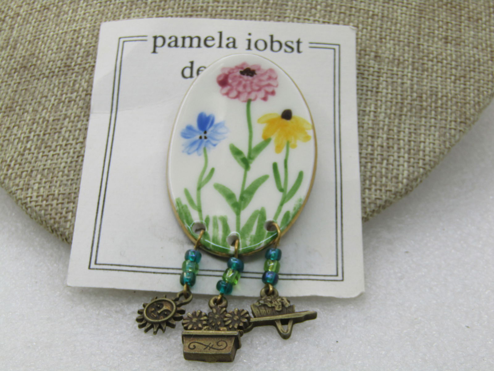 Vintage Porcelain Painted Floral Brooch with Dangles, signed Pamela Iobst Designs - 3