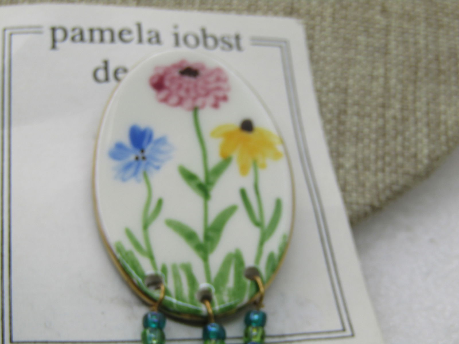 Vintage Porcelain Painted Floral Brooch with Dangles, signed Pamela Iobst Designs - 4