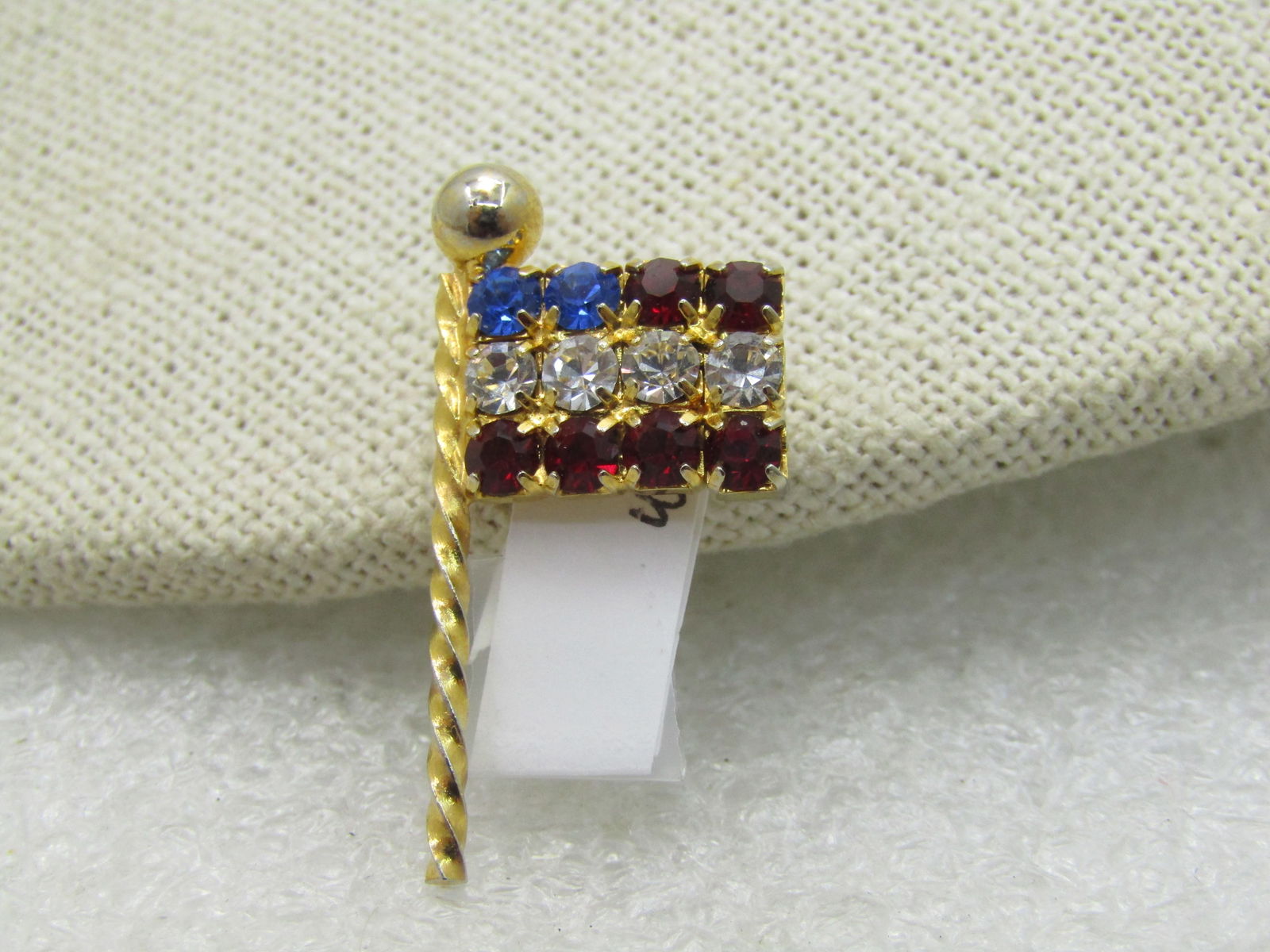 U.S.A. Rhinestone Flag Brooch, Red, White, Blue, Gold Tone - 2
