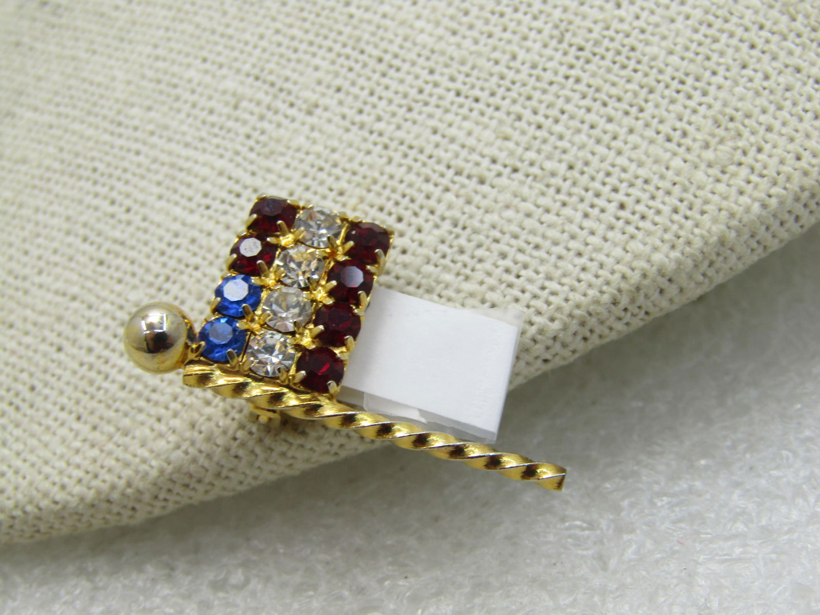 U.S.A. Rhinestone Flag Brooch, Red, White, Blue, Gold Tone - 3