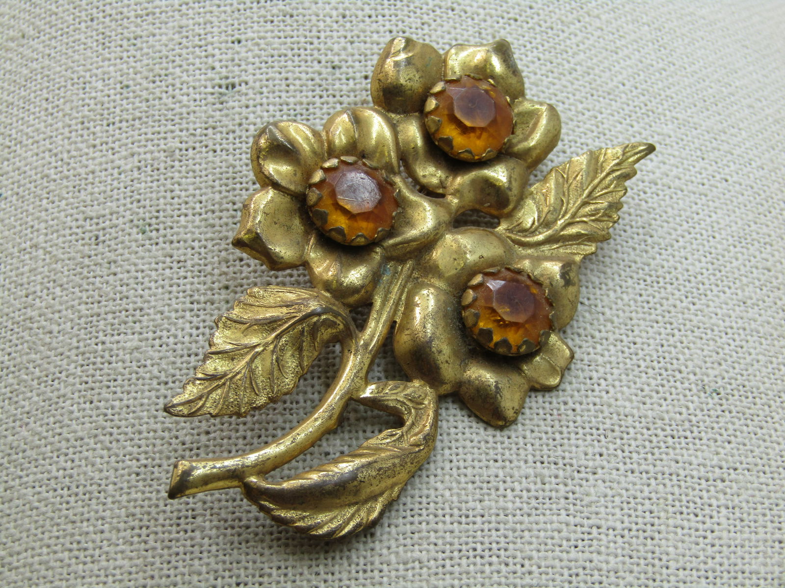 Vintage Gold Rhinestone Floral Brooch, C-Clasp, 1920's-1930's - 2