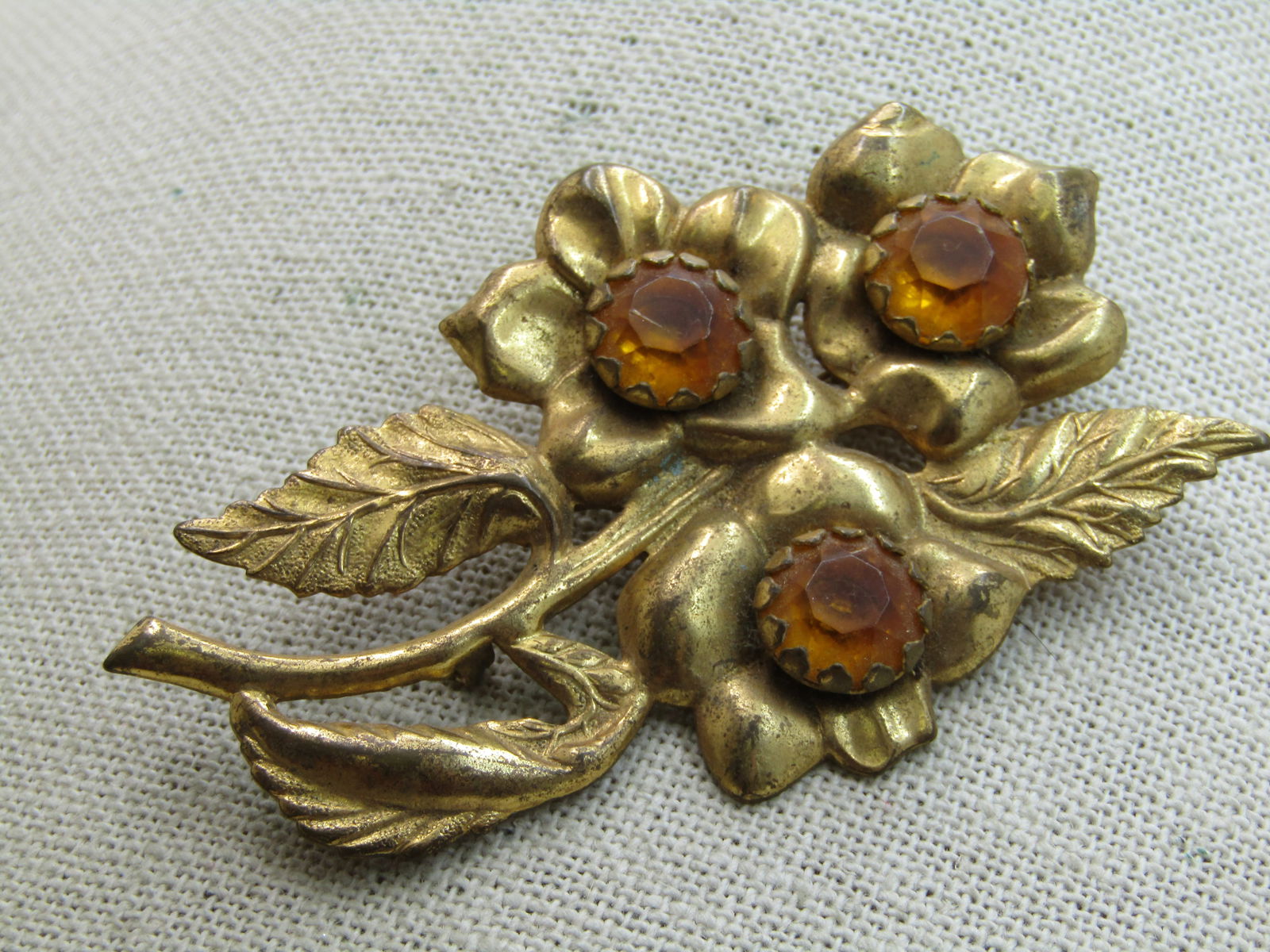 Vintage Gold Rhinestone Floral Brooch, C-Clasp, 1920's-1930's - 3