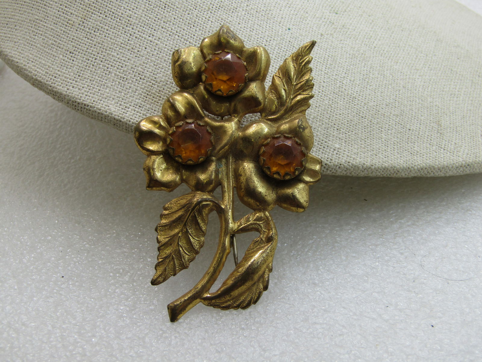 Vintage Gold Rhinestone Floral Brooch, C-Clasp, 1920's-1930's - 4