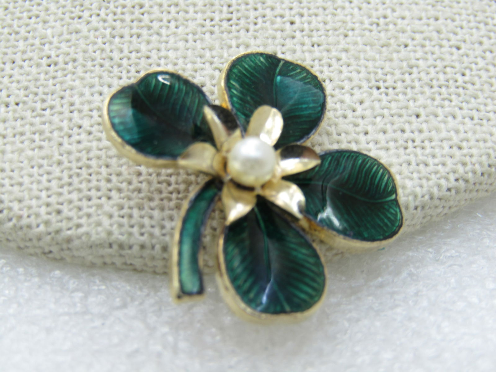 Vintage Green Enameled Four-Leaf Clover Brooch, Faux Pearl, 1" - 2