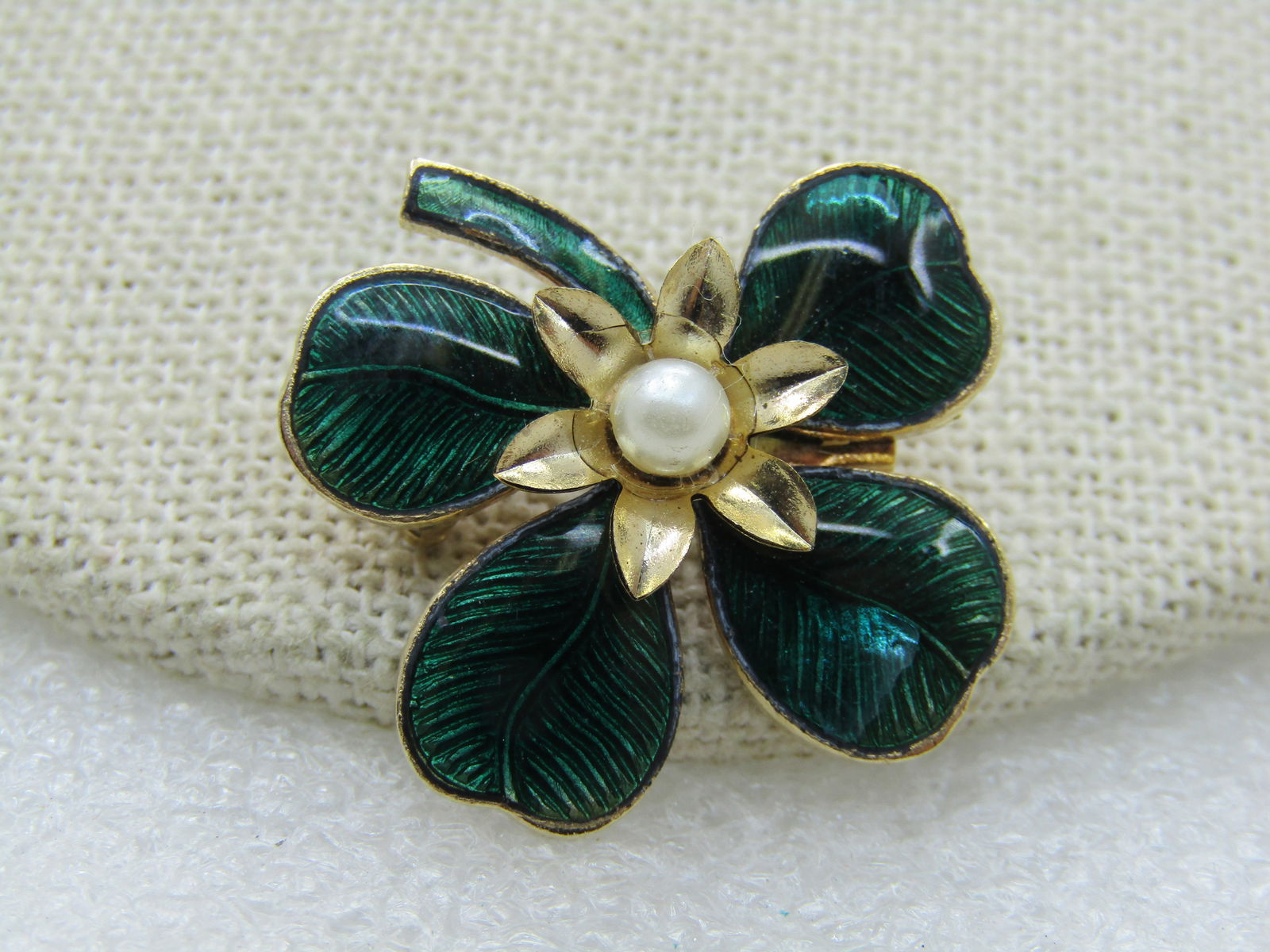 Vintage Green Enameled Four-Leaf Clover Brooch, Faux Pearl, 1" - 3
