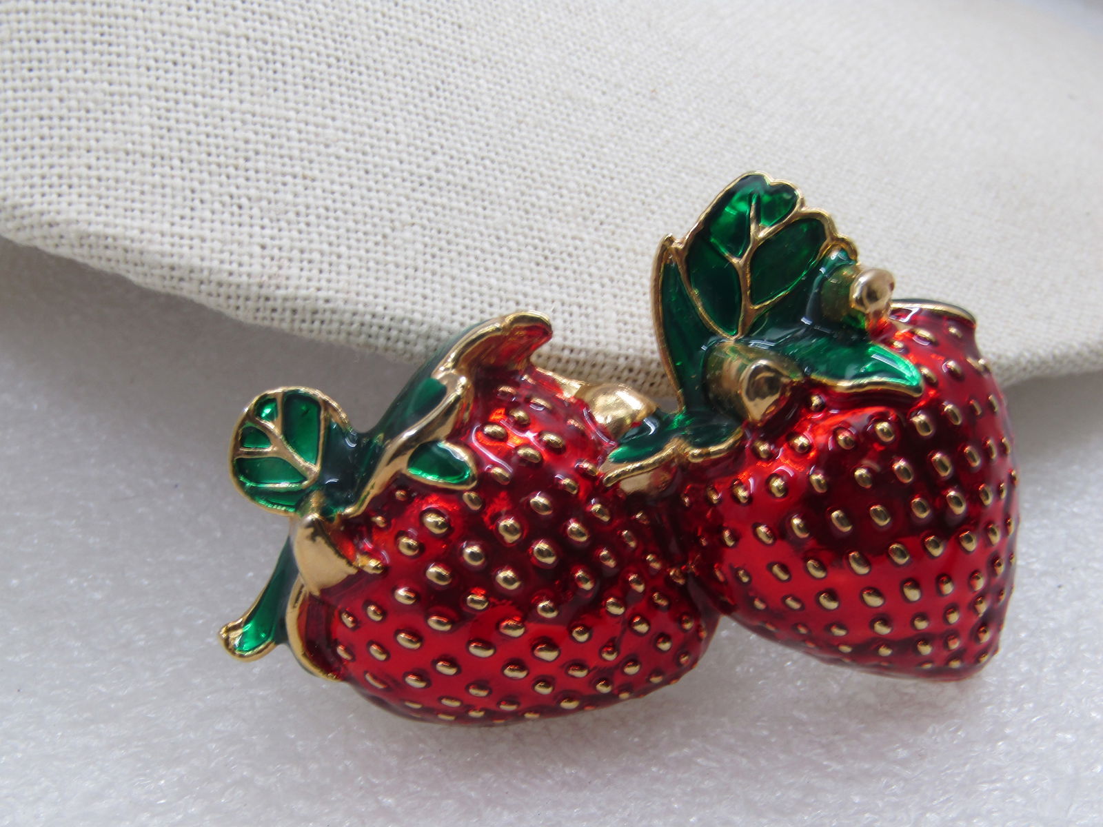 Red & Green Enameled Strawberry Brooch, 2.75" wide, Gold Tone - 2