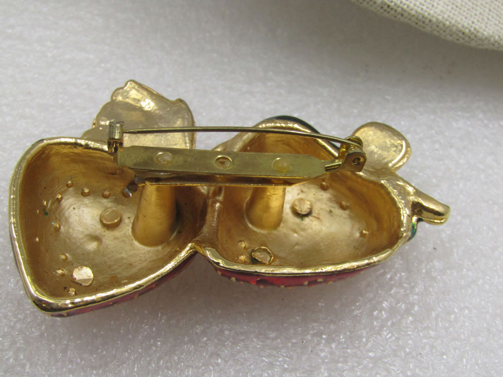 Red & Green Enameled Strawberry Brooch, 2.75" wide, Gold Tone - 4