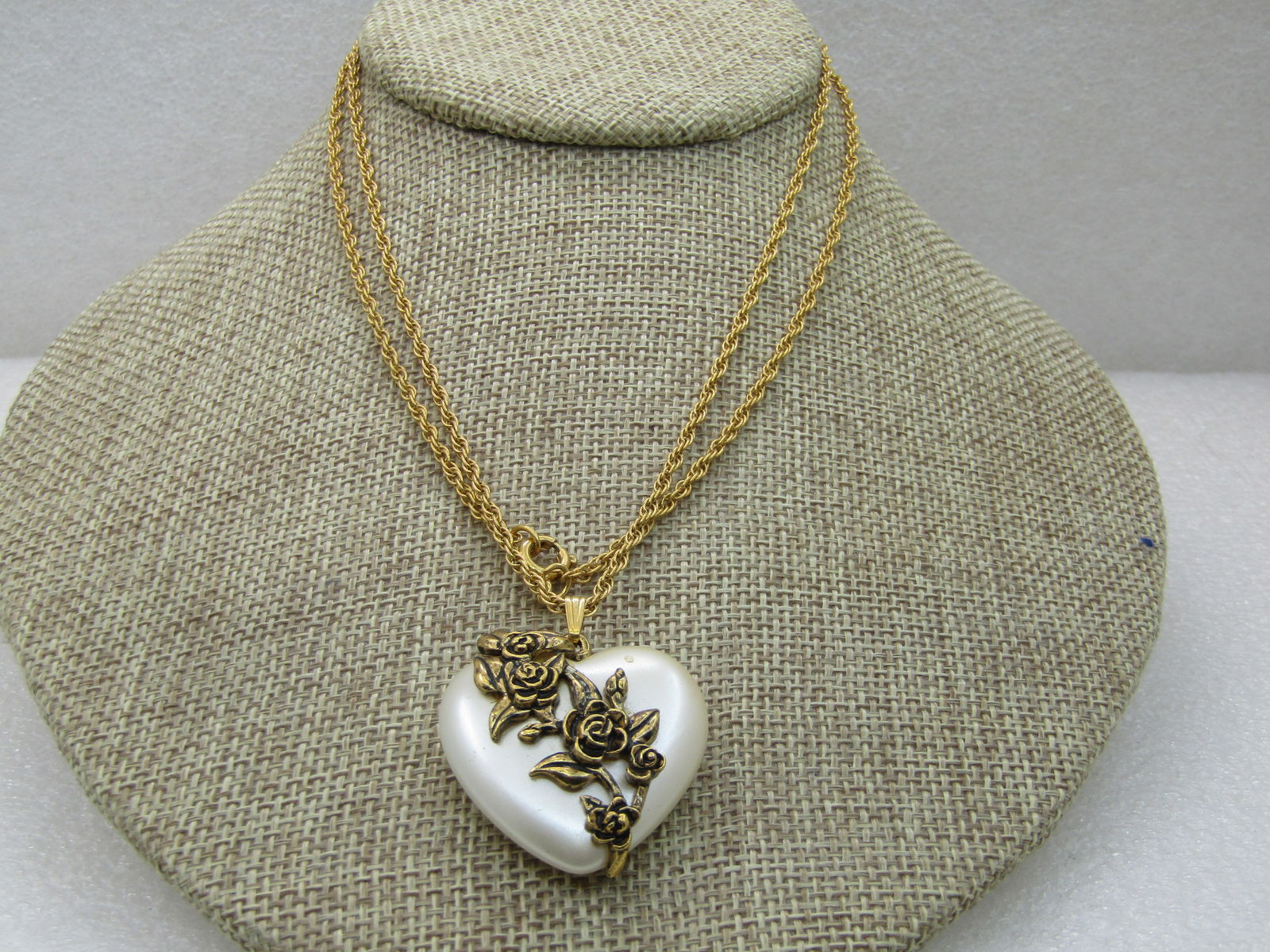 Vintage Faux Pearl Rose Heart Necklace, 30" Rope Chain, 1.5mm, 1970's - 2