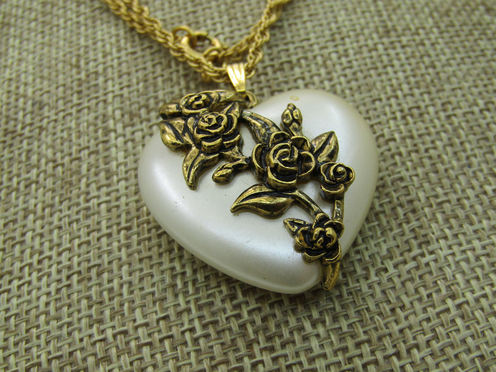 Vintage Faux Pearl Rose Heart Necklace, 30" Rope Chain, 1.5mm, 1970's - 3