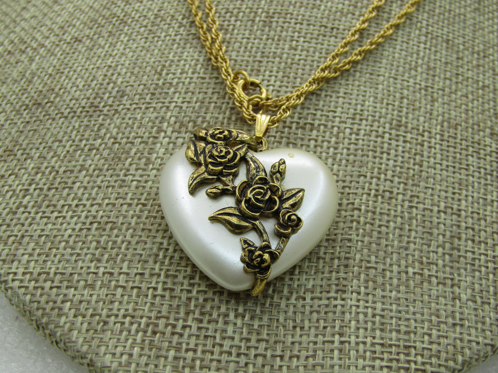 Vintage Faux Pearl Rose Heart Necklace, 30" Rope Chain, 1.5mm, 1970's - 4