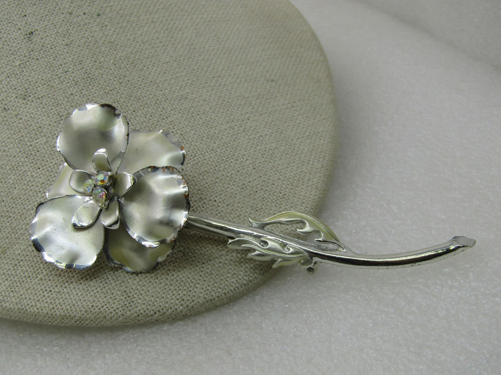 Vintage Long Floral Brooch, AB Rhinestones, 4.25" - 2