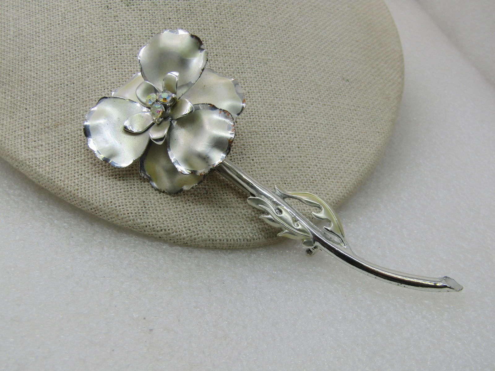 Vintage Long Floral Brooch, AB Rhinestones, 4.25" - 3