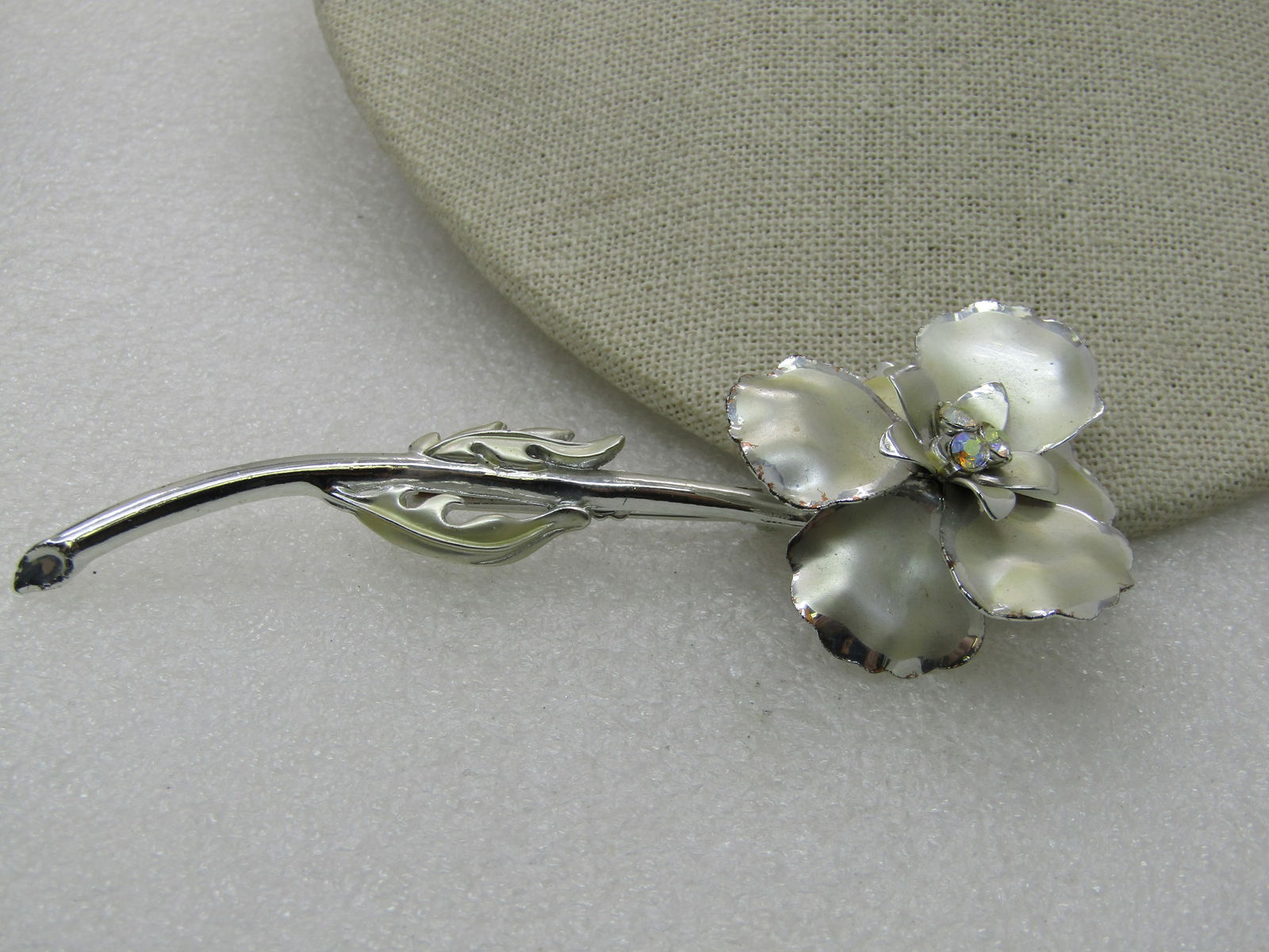 Vintage Long Floral Brooch, AB Rhinestones, 4.25" - 5