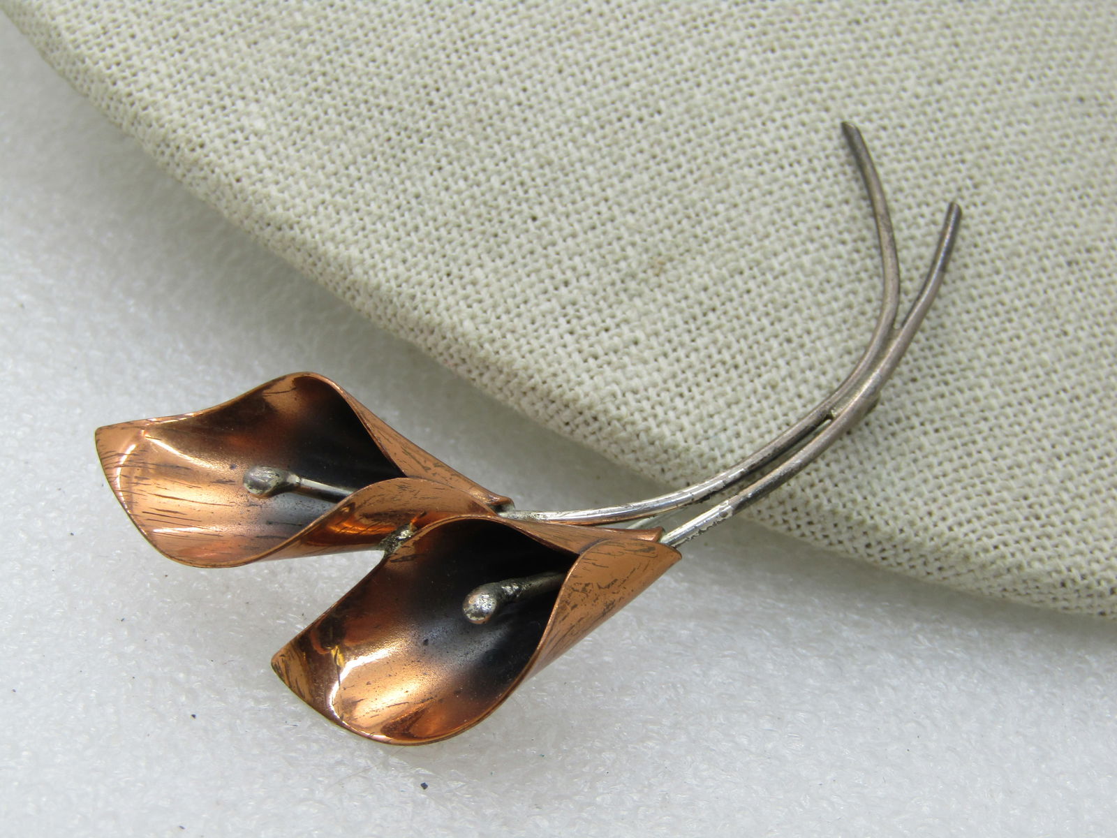 Vintage Stuart Nye Copper Calla Lilies Brooch, 2.75" - 3