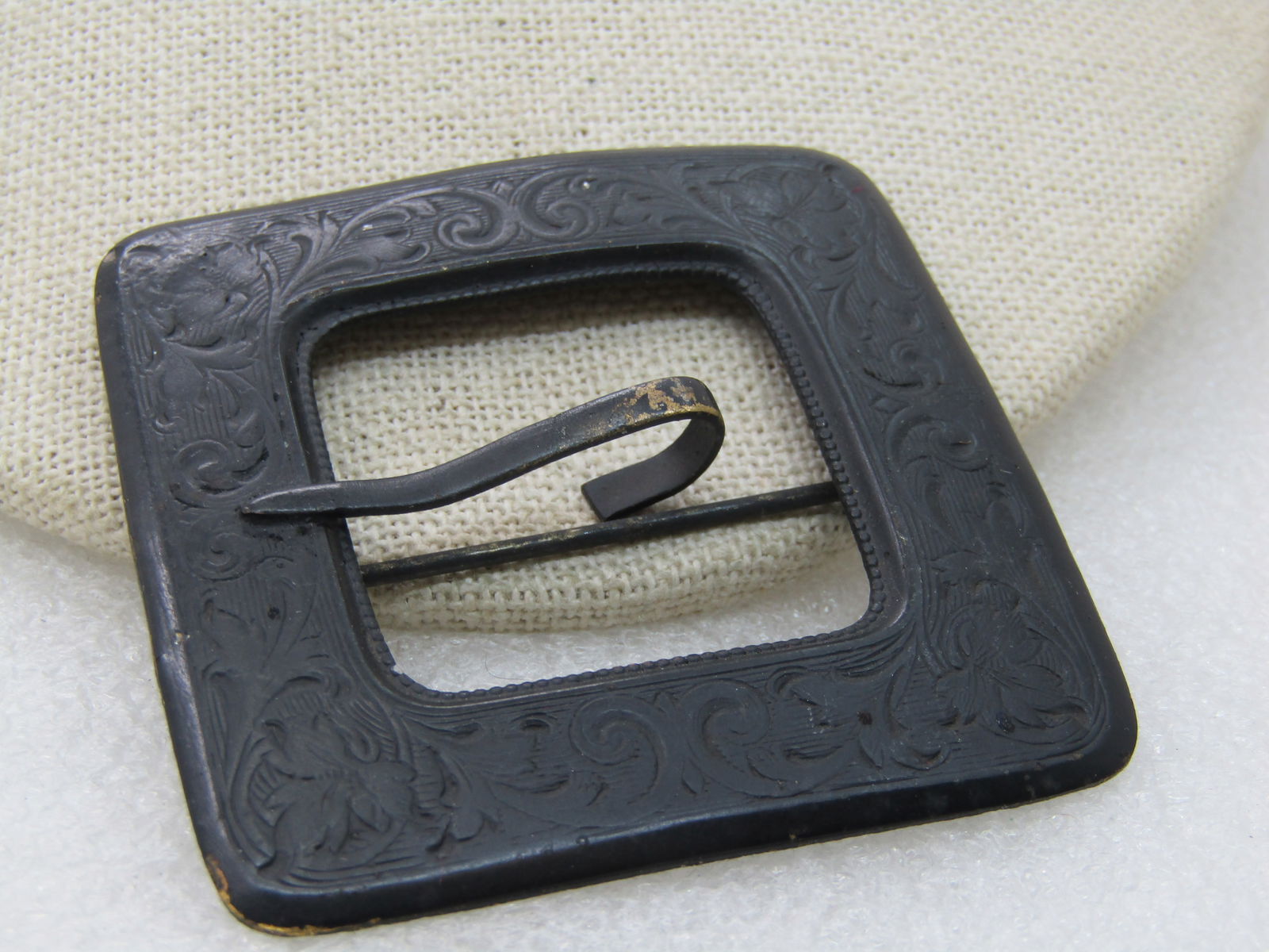 Vintage Black Enameled Square Buckle Brooch Early 1900's, C-Clasp - 2