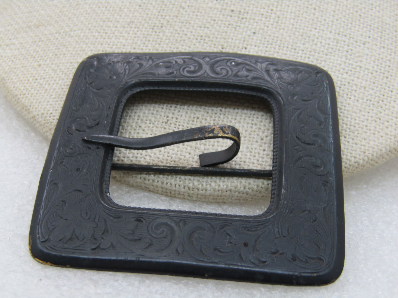 Vintage Black Enameled Square Buckle Brooch Early 1900's, C-Clasp - 3