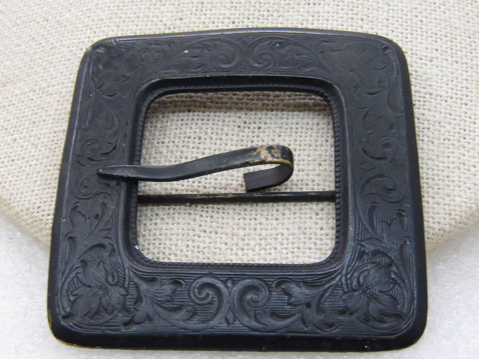 Vintage Black Enameled Square Buckle Brooch Early 1900's, C-Clasp - 4