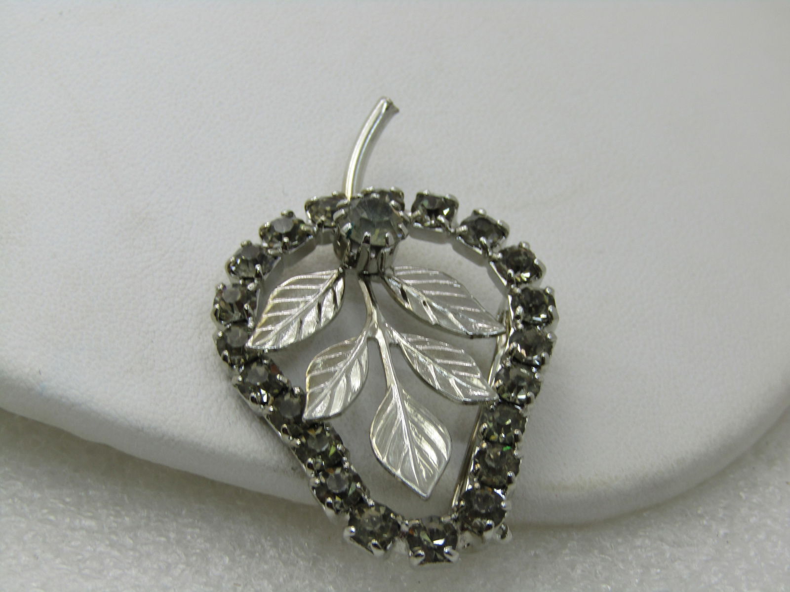 Vintage Rhinestone Pear-Shaped Brooch with Leaves, 1960's, Silver tone, 2" - 2