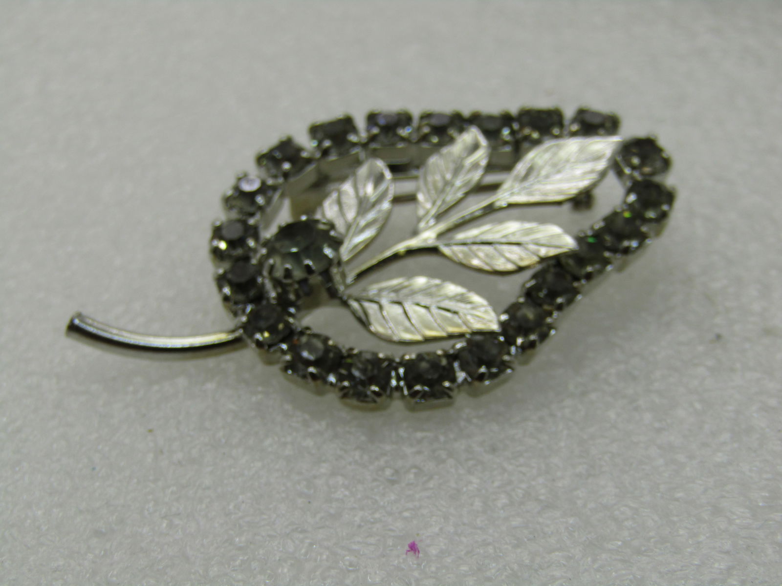 Vintage Rhinestone Pear-Shaped Brooch with Leaves, 1960's, Silver tone, 2" - 5