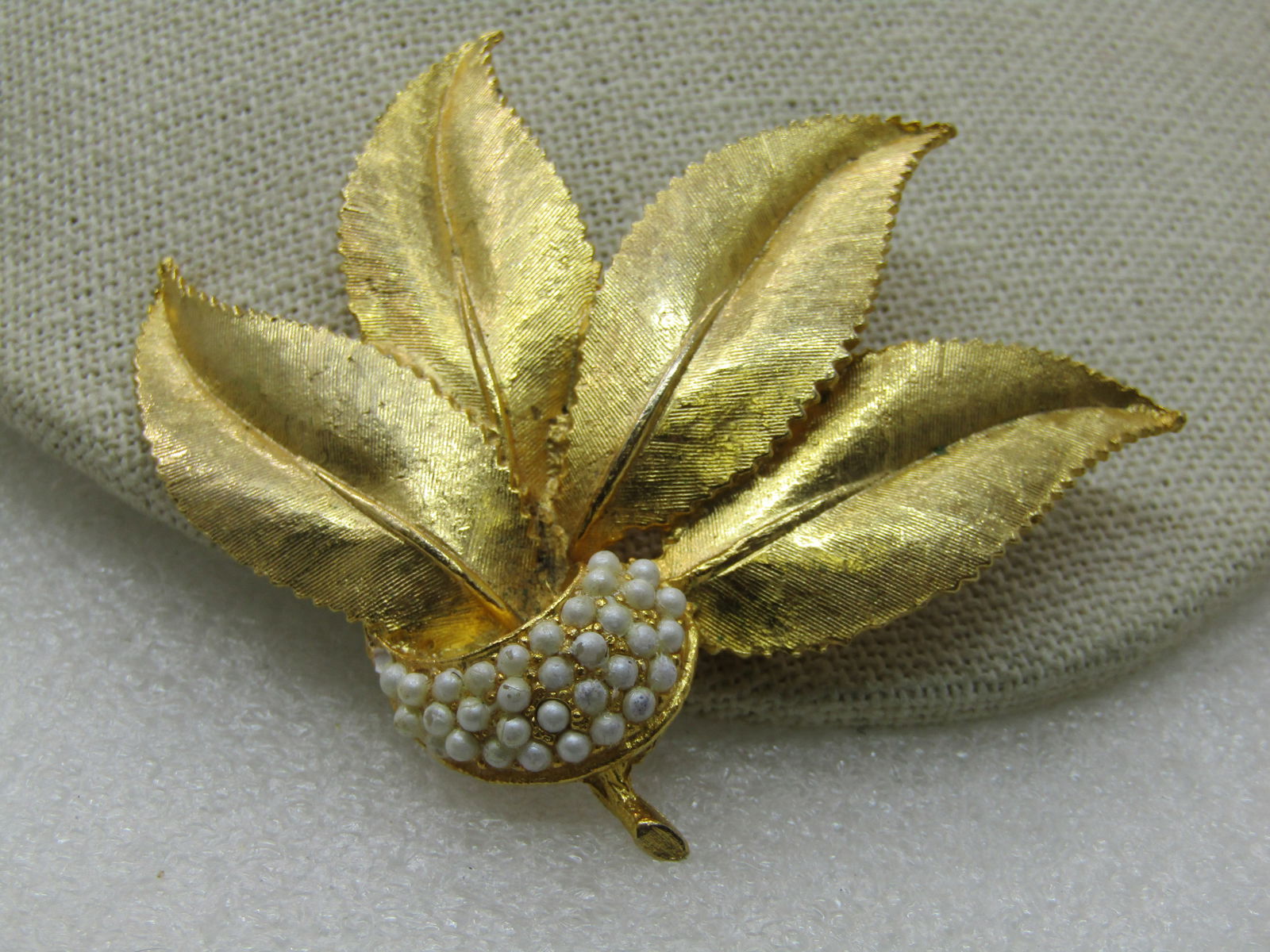 Vintage Gold Tone Leaf & Faux Pearl Brooch, 1960's - 2