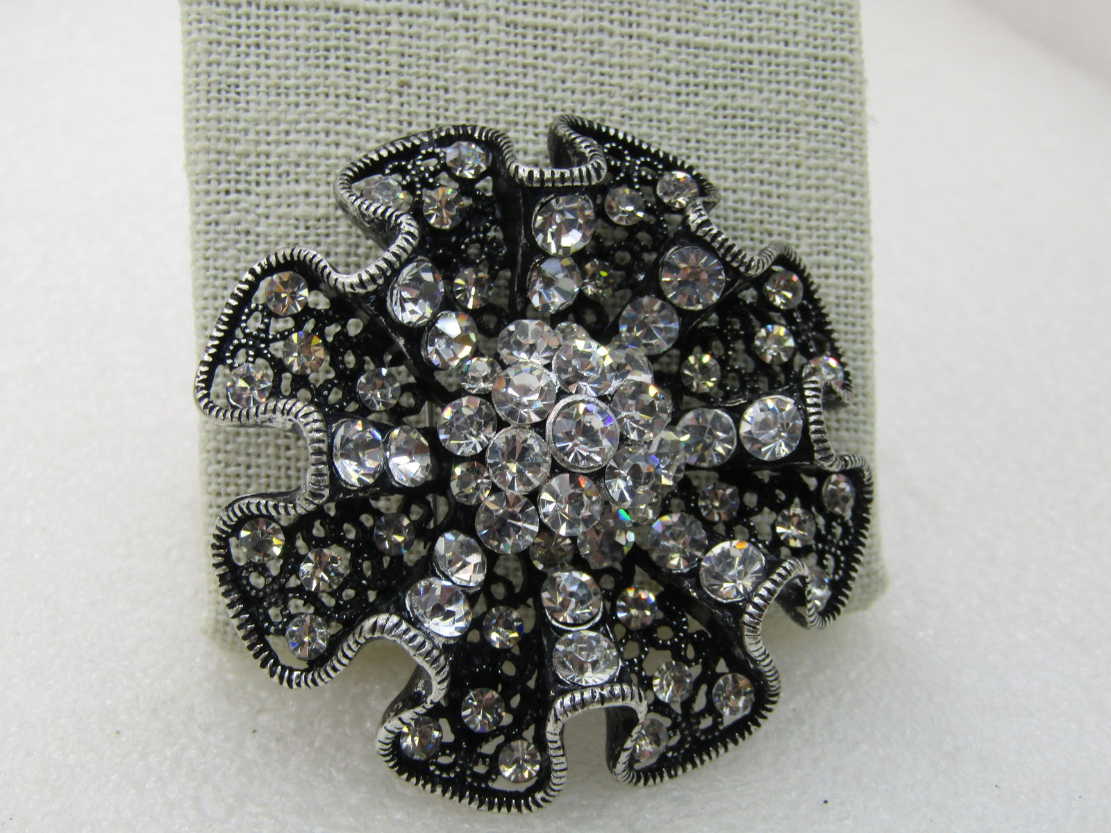Vintage Rhinestone Filigree Lacy Brooch, Black Washed Metal, 1980's. - 2