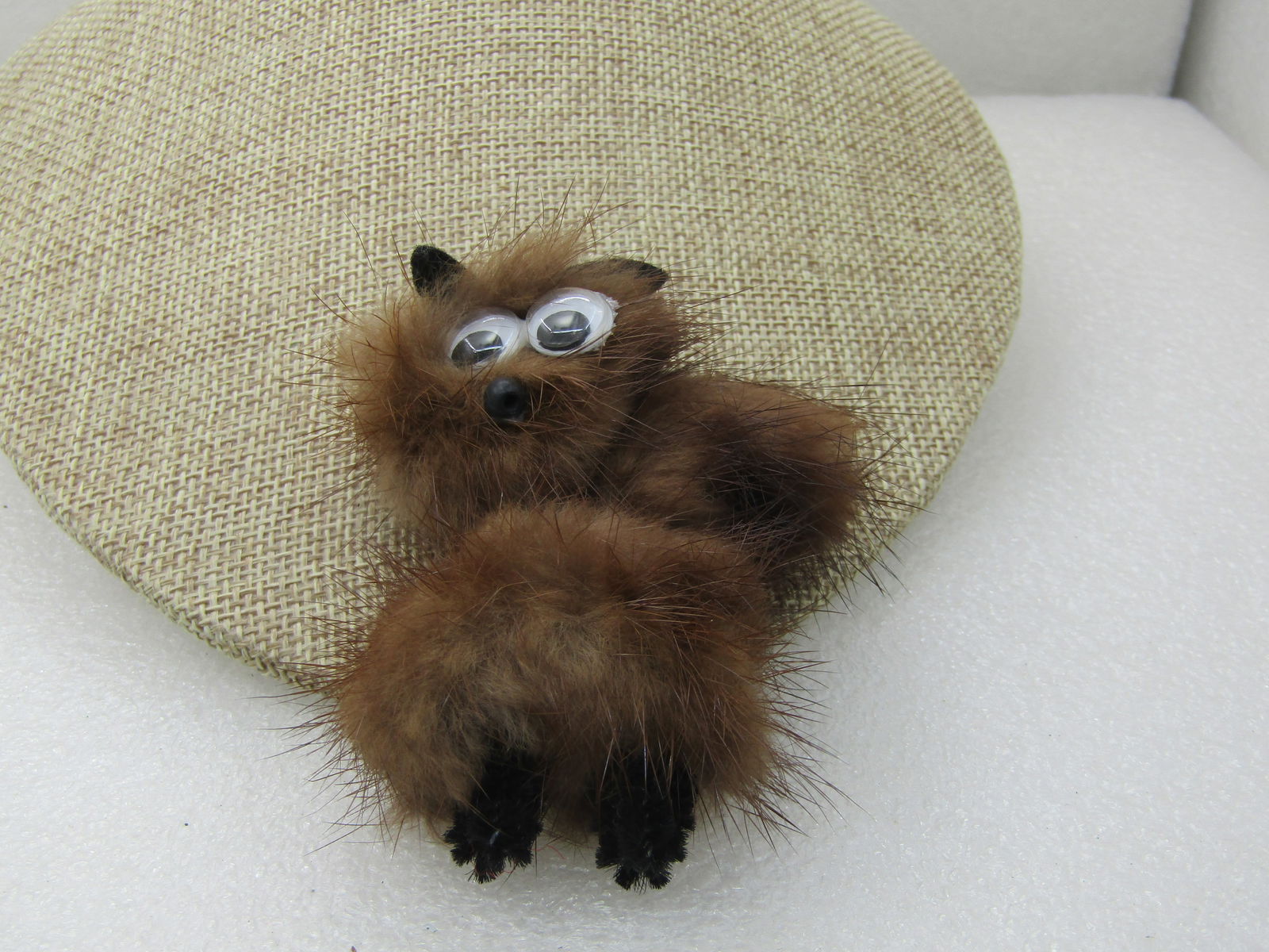 Vintage Brown Mink Cat Brooch, Mid-Century, 3" by 2", Gold Collar: Vintage Brown Mink Cat Brooch, 3" by 2", 1960's-1970's. Gold Collar, curled tail with black pipe-cleaner feet and black felt ears. Plastic black and white eyes, black pupils move inside the casing. Bl