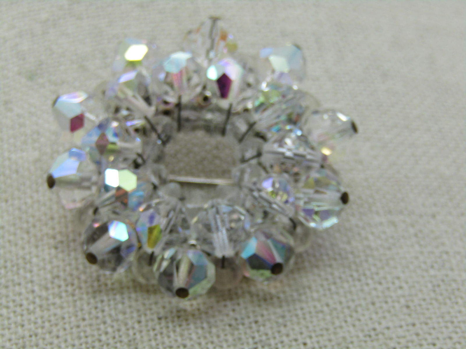 Vintage Crystal Beaded Circle Brooch, Aurora Borealis, 1.5" - 2