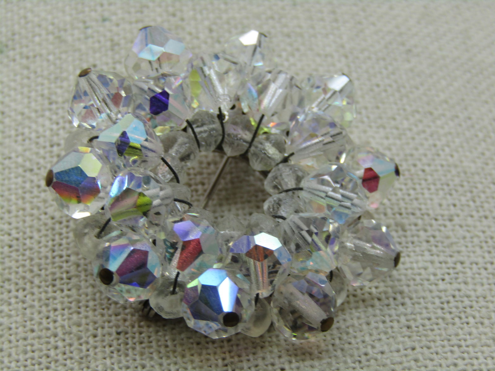 Vintage Crystal Beaded Circle Brooch, Aurora Borealis, 1.5" - 3