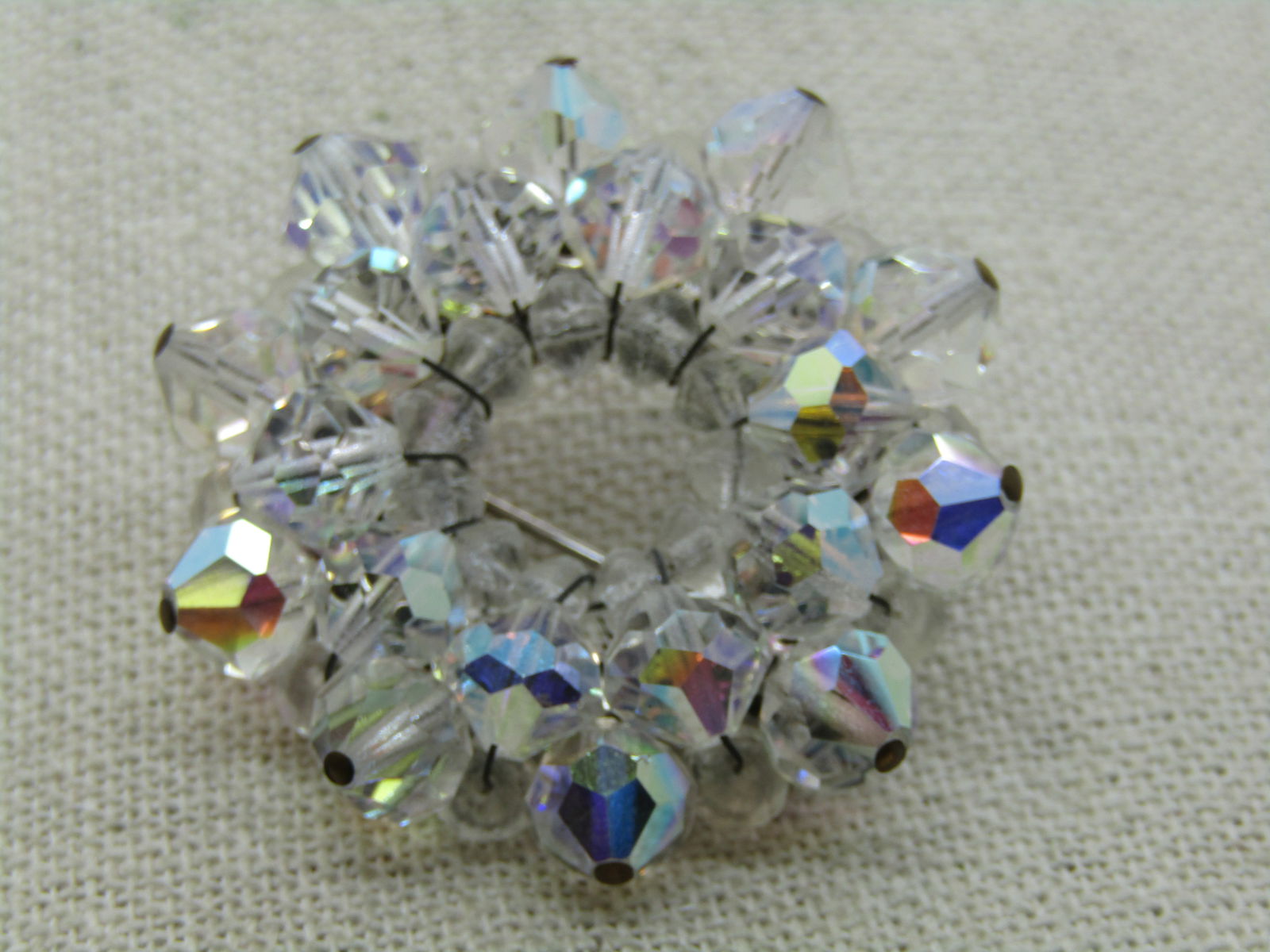 Vintage Crystal Beaded Circle Brooch, Aurora Borealis, 1.5" - 4