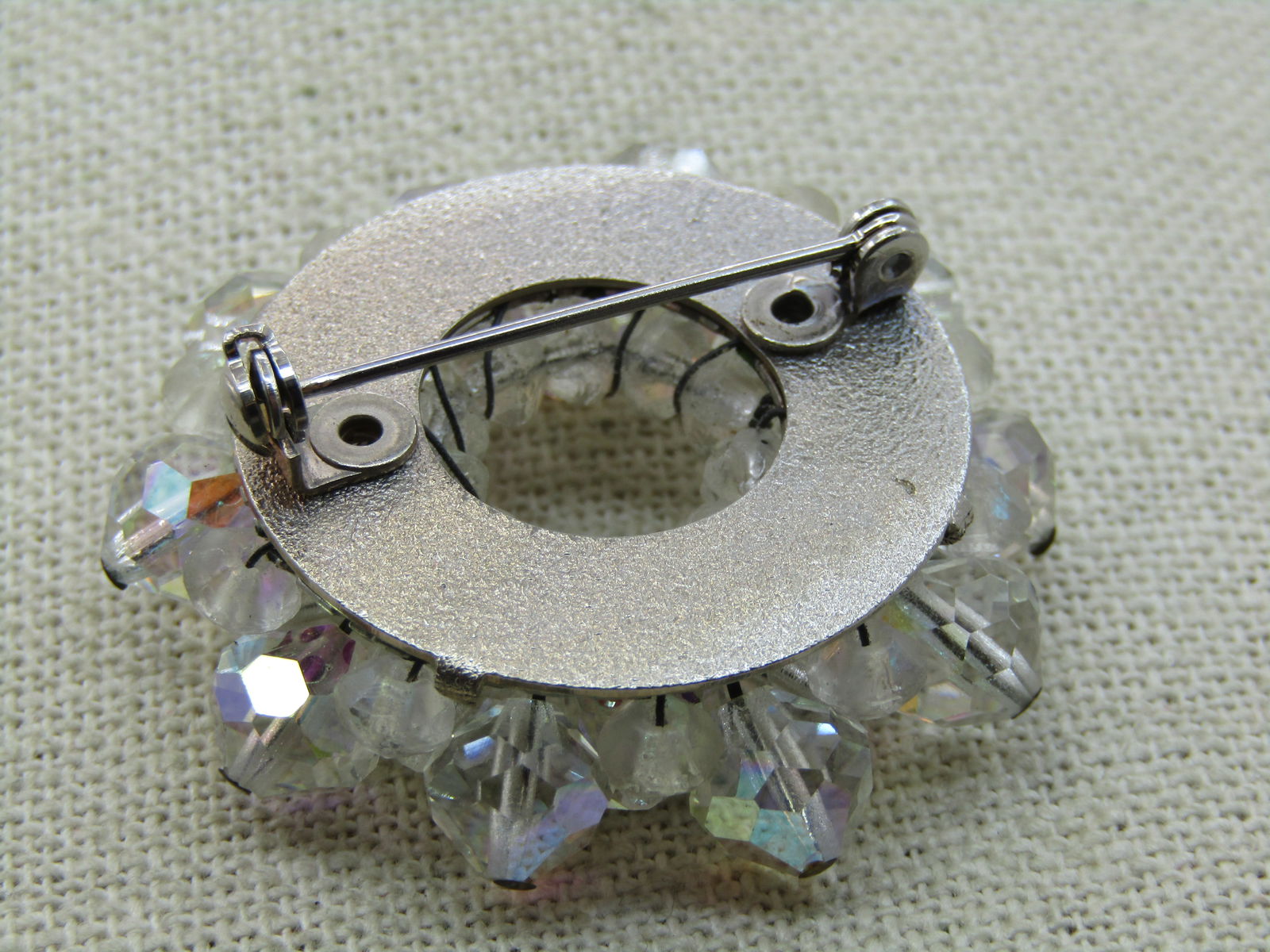 Vintage Crystal Beaded Circle Brooch, Aurora Borealis, 1.5" - 5