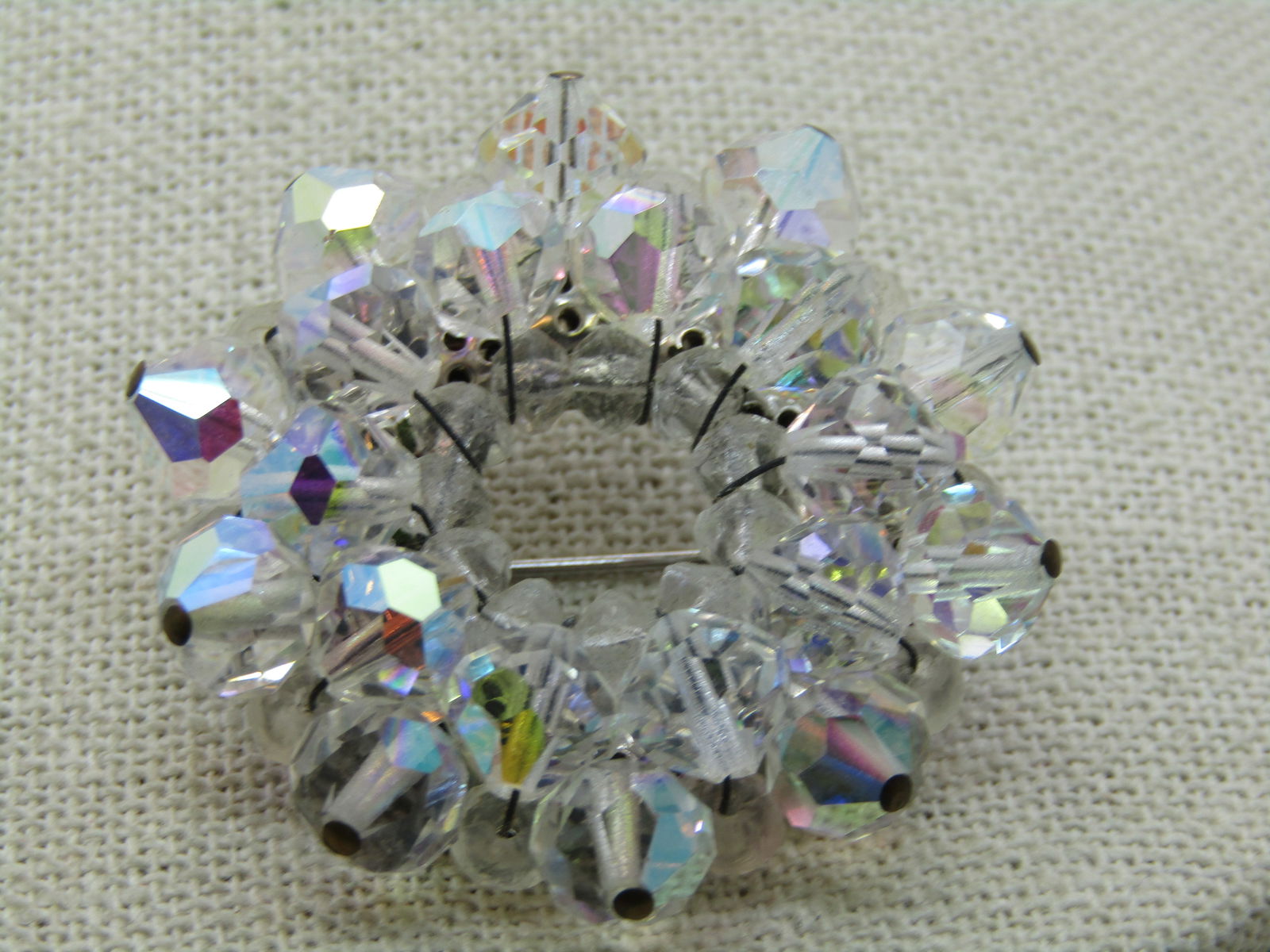 Vintage Crystal Beaded Circle Brooch, Aurora Borealis, 1.5" - 6