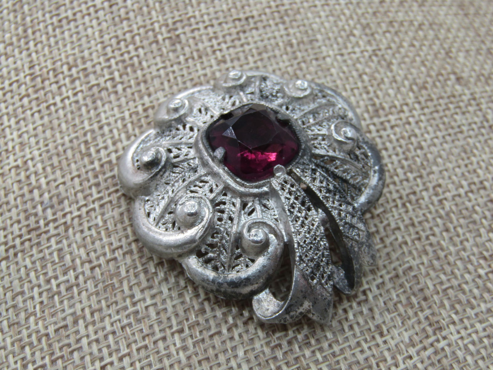 Vintage True Art Deco Rhinestone Brooch, Early 1900's, 1.75", Cast Metal - 2