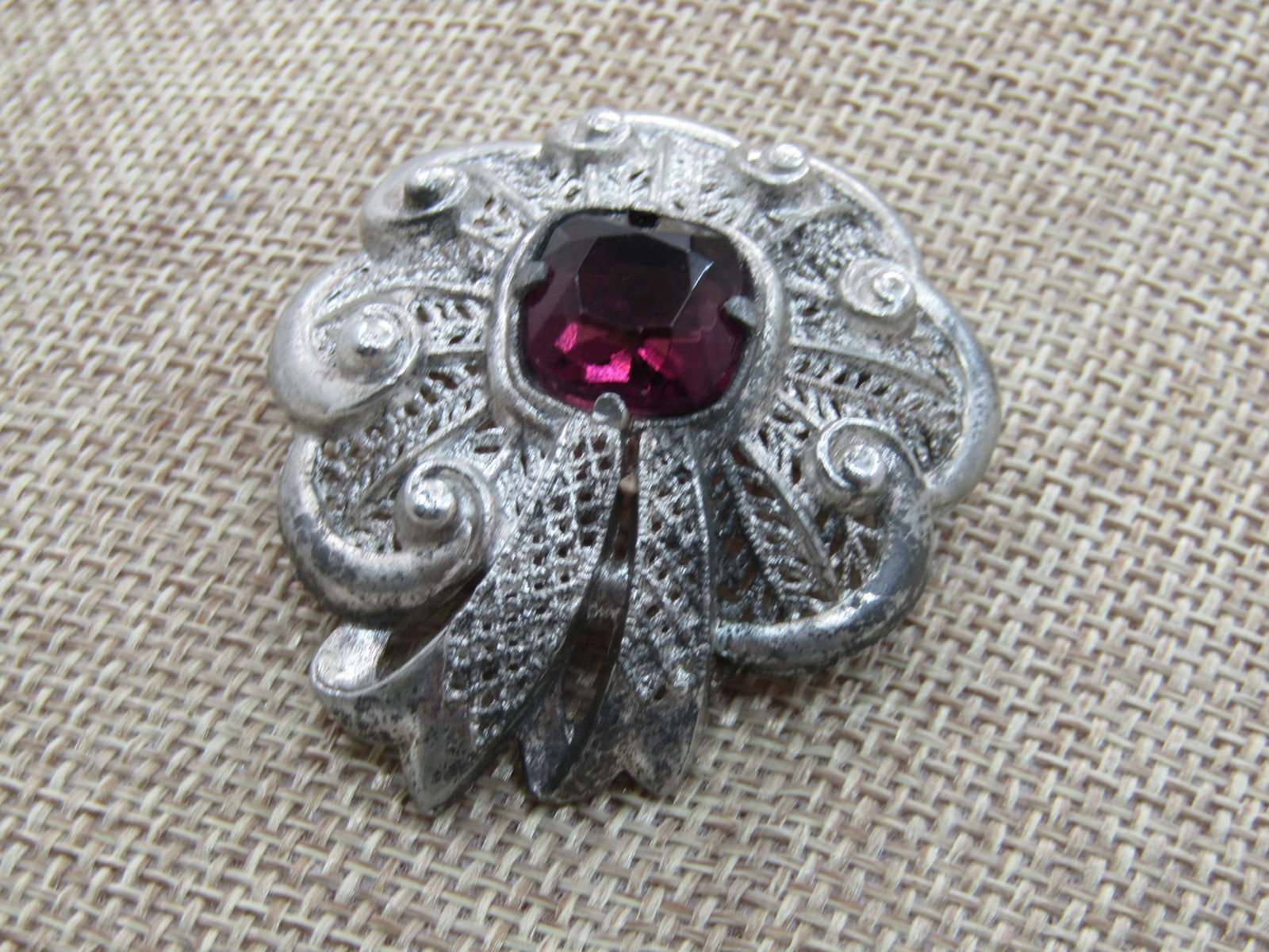 Vintage True Art Deco Rhinestone Brooch, Early 1900's, 1.75", Cast Metal - 3