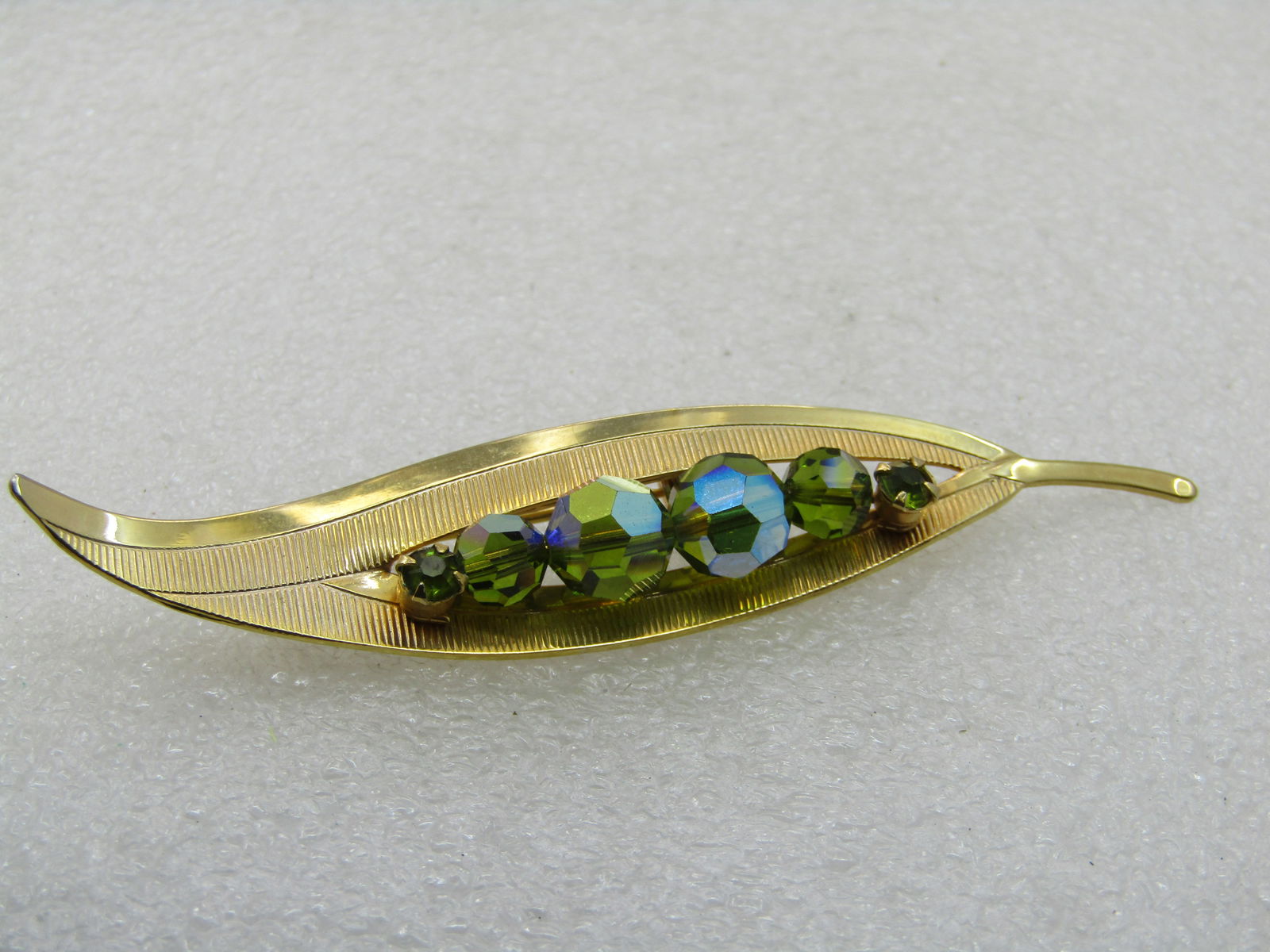 Vintage Aurora Borealis Beaded Leaf Brooch, 3.25" - 4