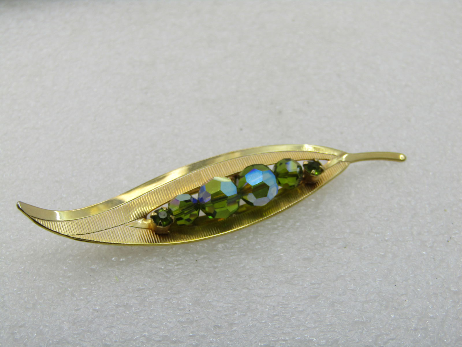 Vintage Aurora Borealis Beaded Leaf Brooch, 3.25" - 5