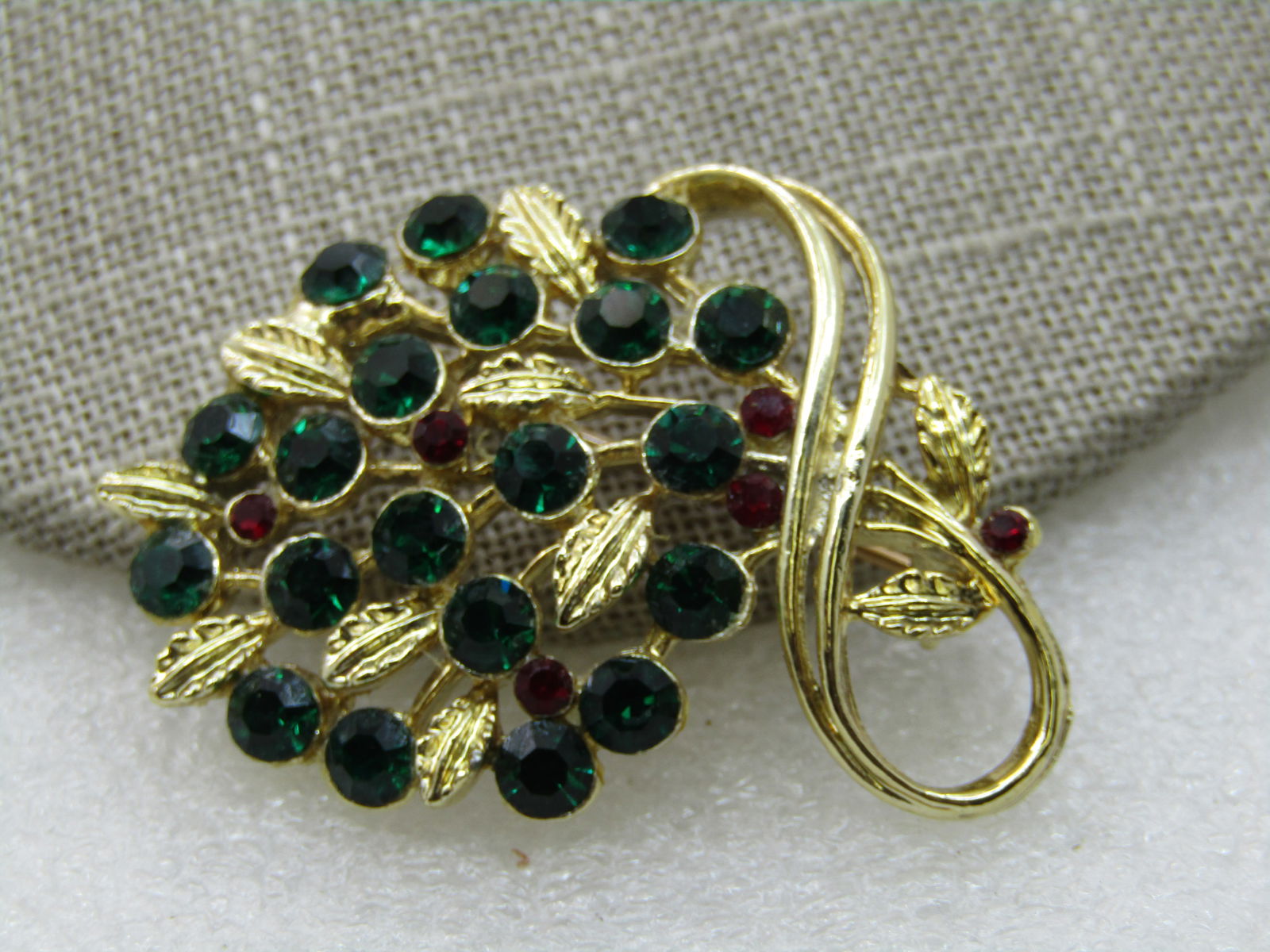 Vintage Dark Green & Red Rhinestone Floral Brooch, 1-7/8" - 2
