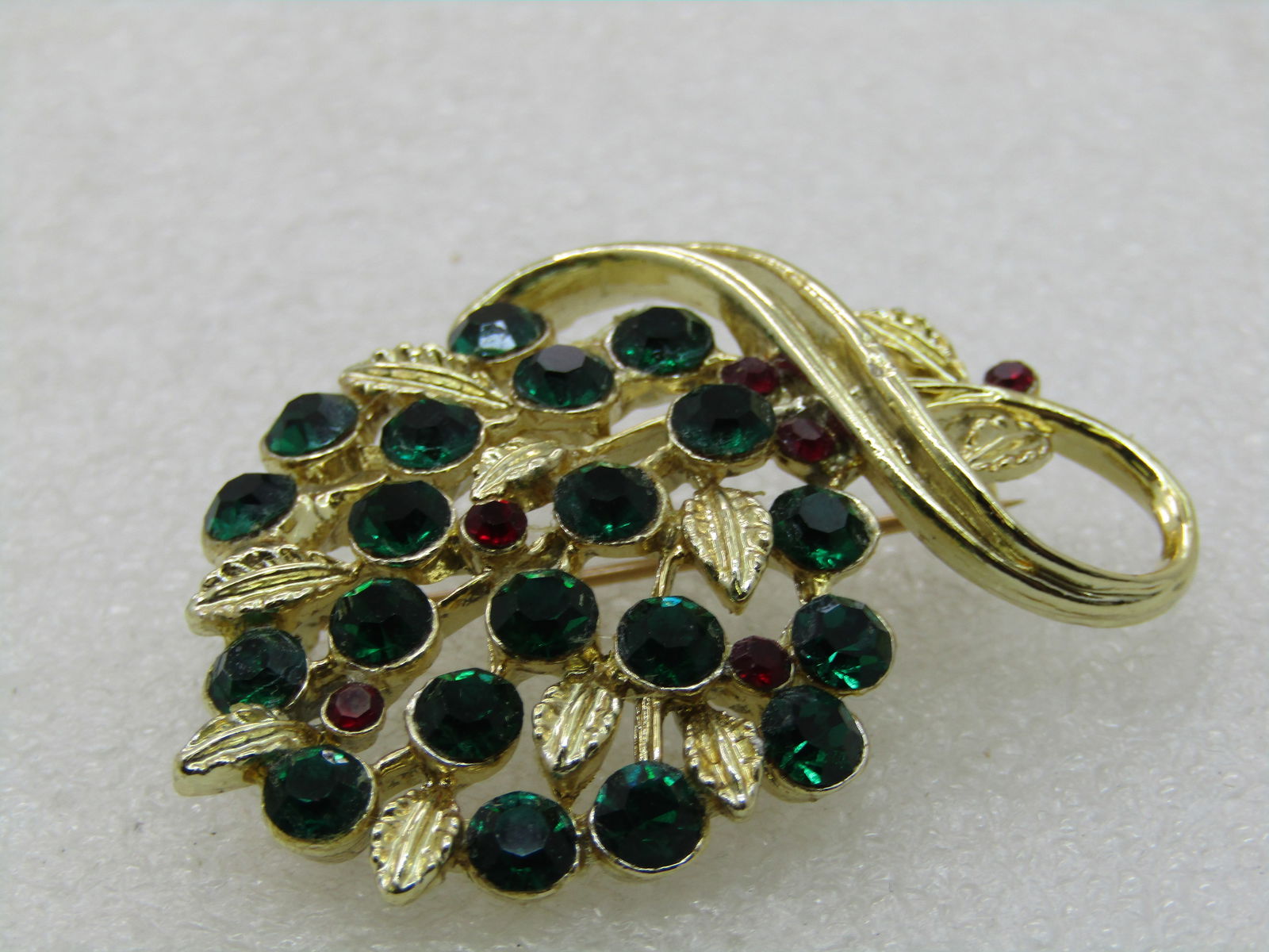 Vintage Dark Green & Red Rhinestone Floral Brooch, 1-7/8" - 3