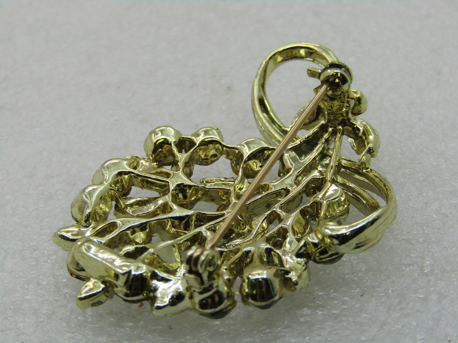 Vintage Dark Green & Red Rhinestone Floral Brooch, 1-7/8" - 5