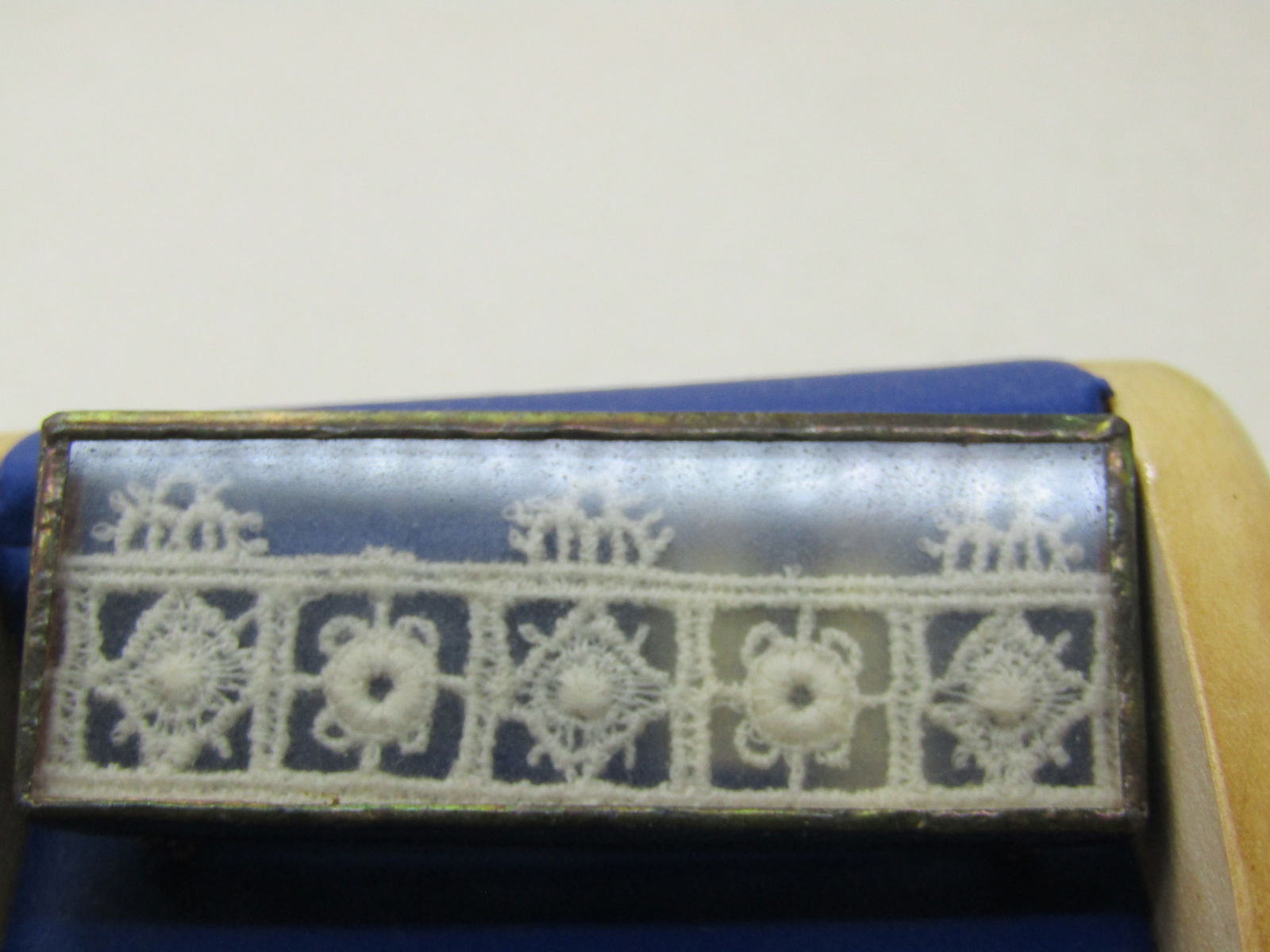 Vintage Framed Lace Brooch, 2" Rectangle, Silver Tone - 3