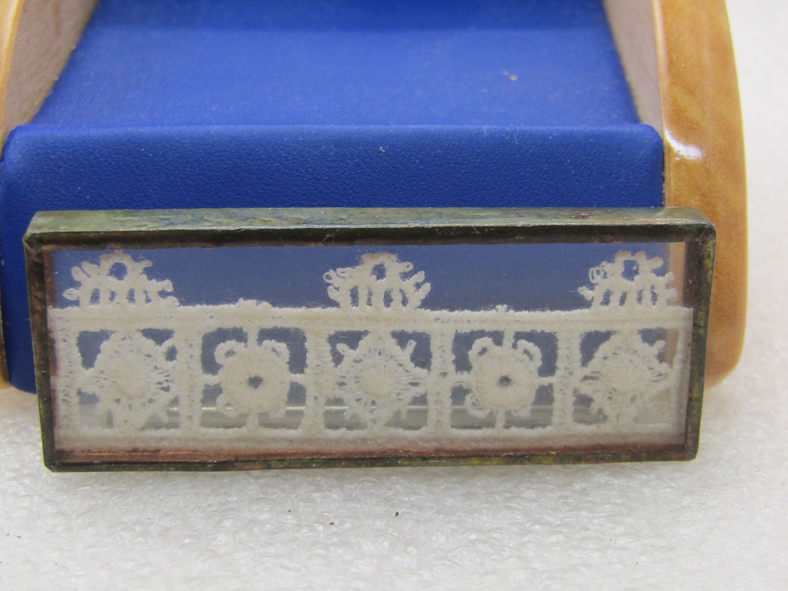 Vintage Framed Lace Brooch, 2" Rectangle, Silver Tone - 4