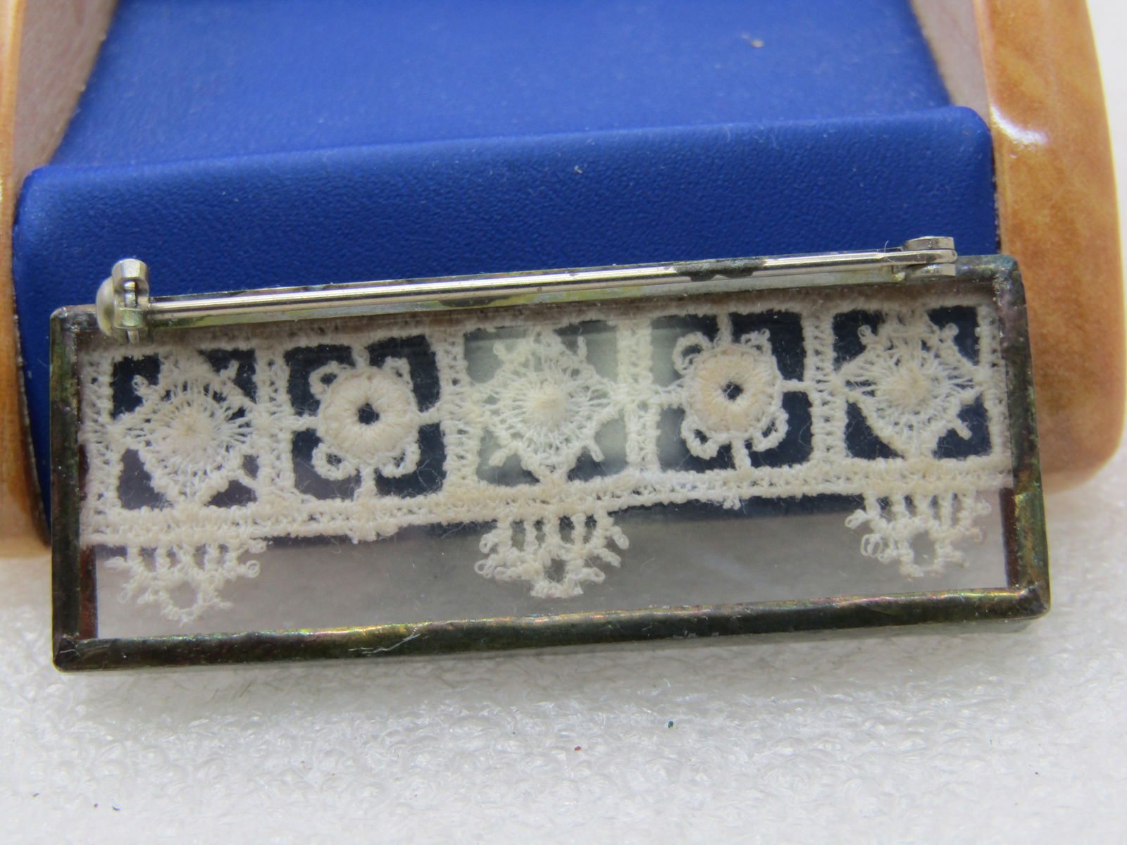 Vintage Framed Lace Brooch, 2" Rectangle, Silver Tone - 5
