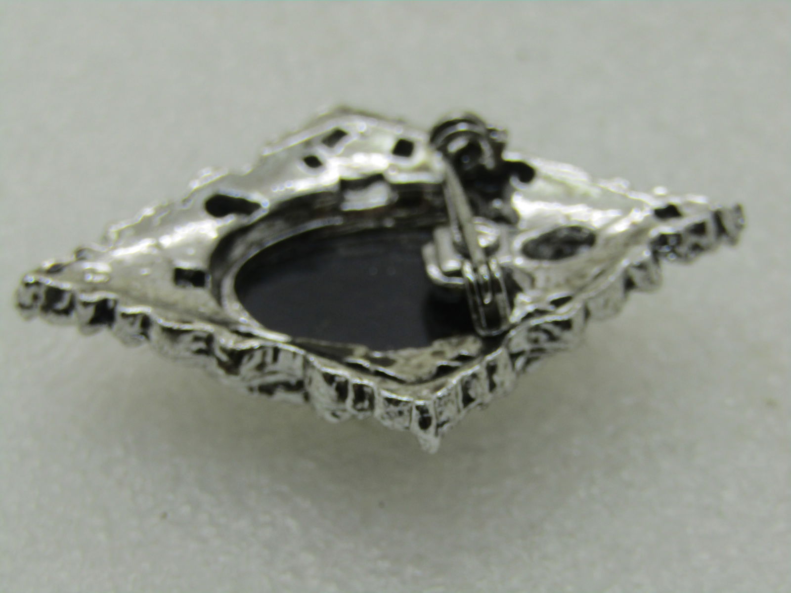 Vintage Black & White Pointed Cameo Brooch, Silver Tone, 2" - 5