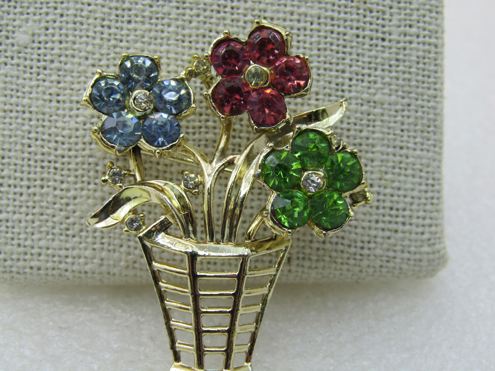Vintage Rhinestone Floral Basket Brooch, 1.75" Tall, Gold Tone - 2