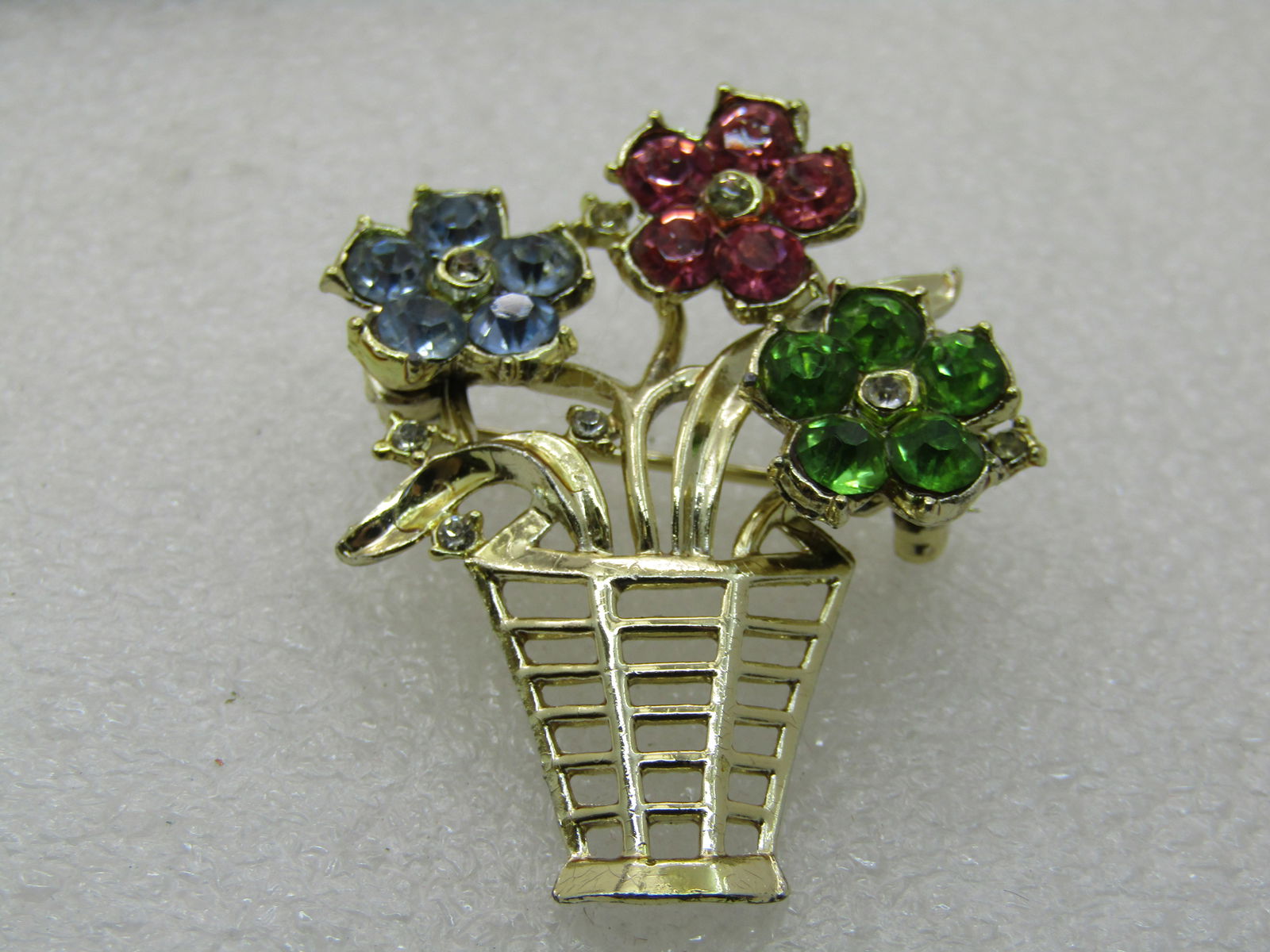 Vintage Rhinestone Floral Basket Brooch, 1.75" Tall, Gold Tone - 4