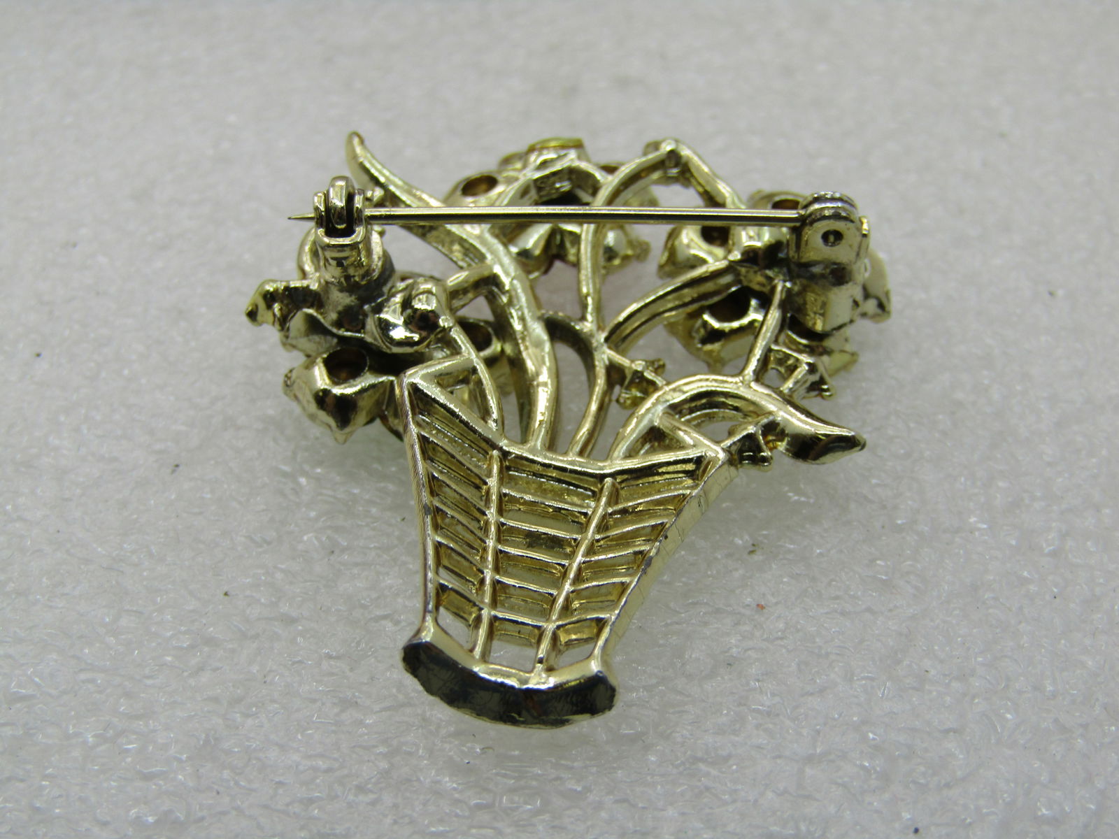 Vintage Rhinestone Floral Basket Brooch, 1.75" Tall, Gold Tone - 6
