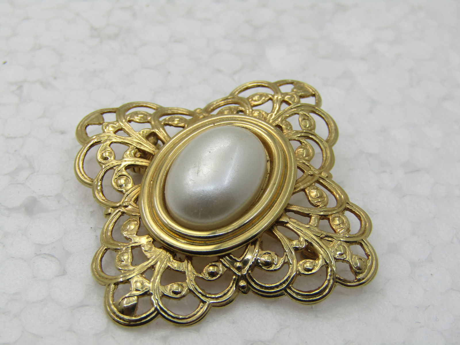 Vintage Faux Pearl Filigree Brooch, 1980's, 1.5" - 4