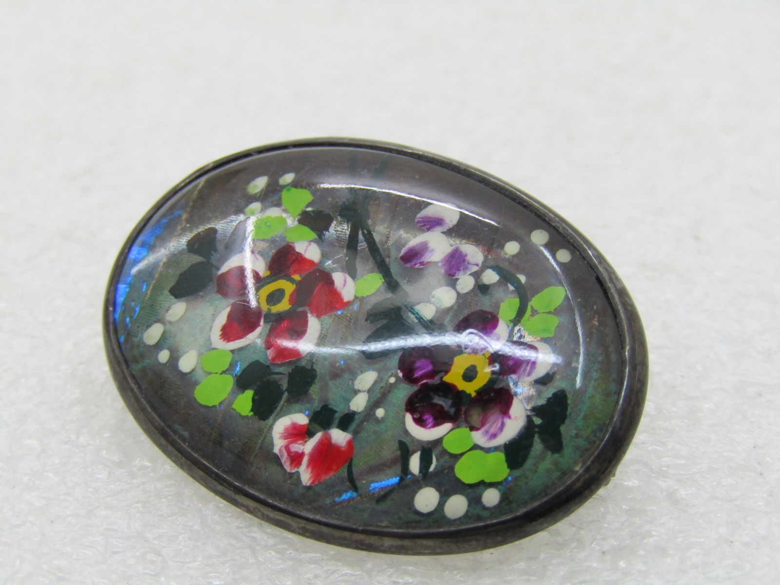 Vintage Sterling Reverse Painted Floral Brooch, 1940's - 3