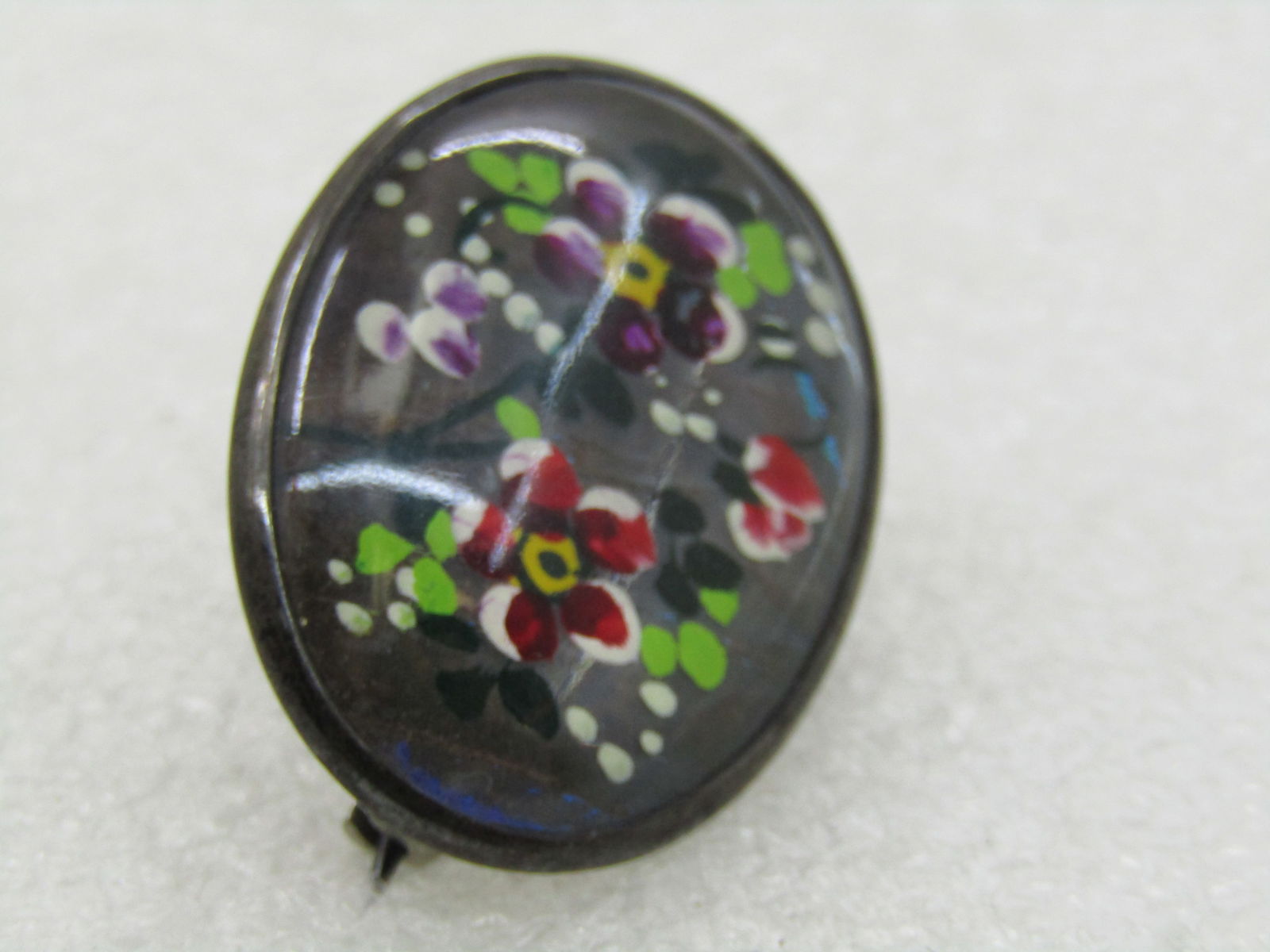 Vintage Sterling Reverse Painted Floral Brooch, 1940's - 5