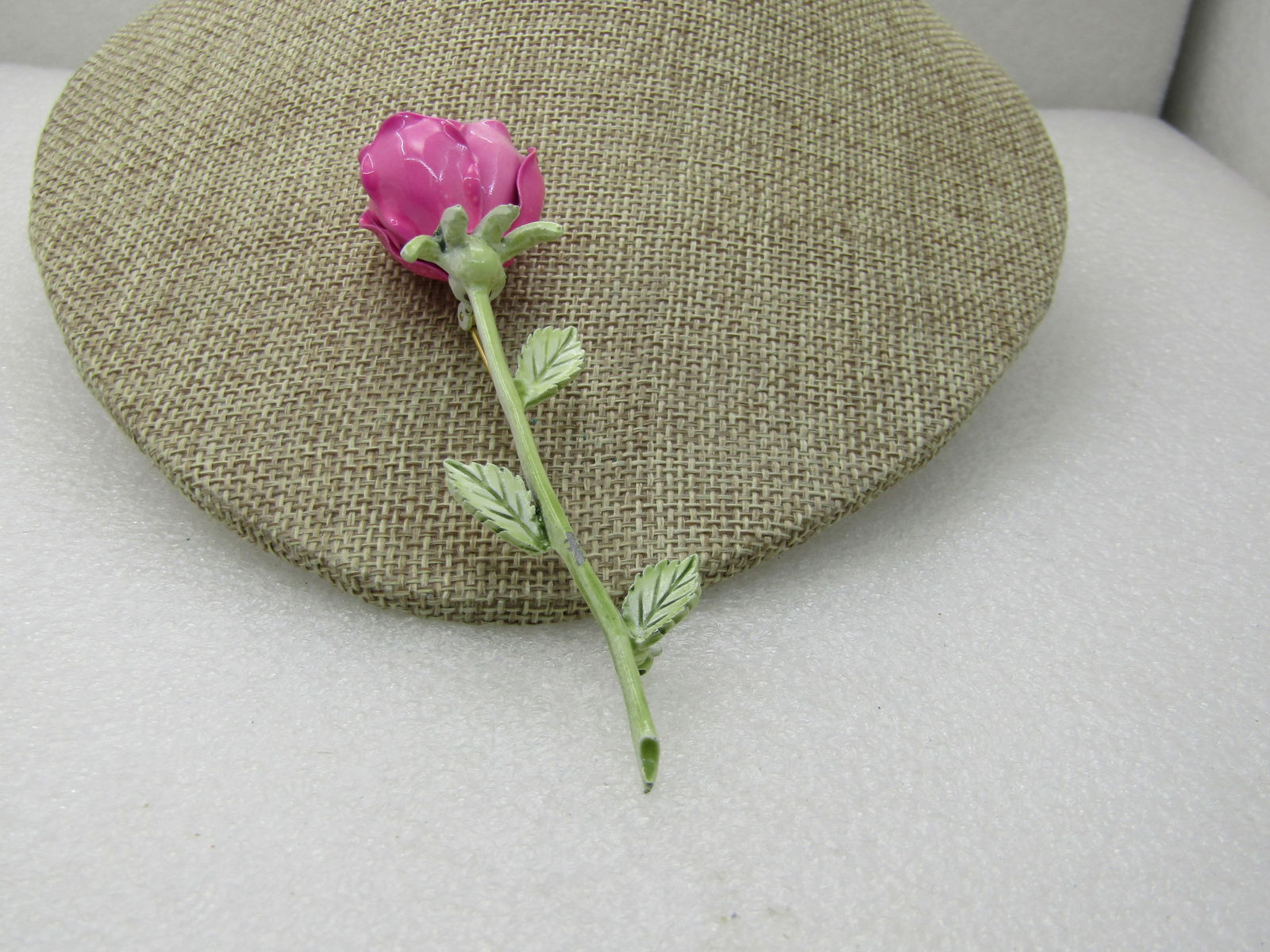Vintage Pink Enameled Rose Brooch, Long Stem, 3.75": Vintage Pink Enameled Rose Brooch, Long Stem, 3.75", 1960's with white and green washed enameled stem . 3-D. Not signed by the maker. Very good condition. (INV. W.9.23-102117.8 SS2469 J LD 9/15/200 