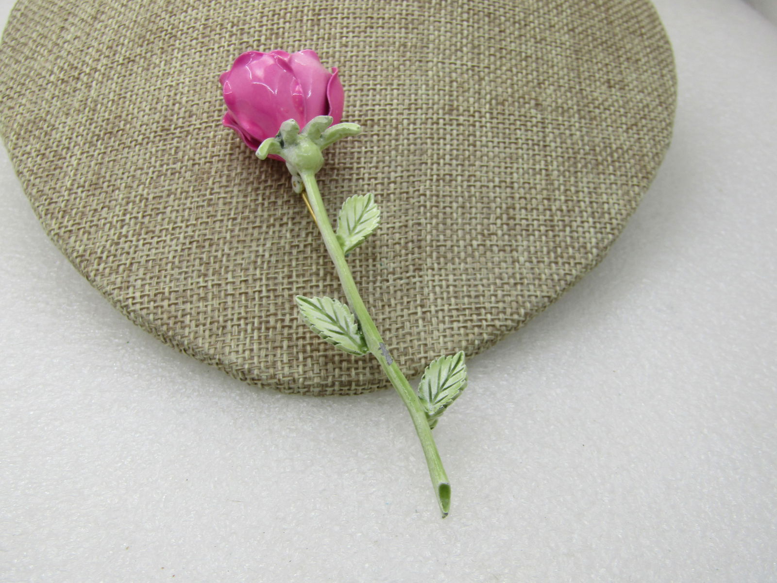 Vintage Pink Enameled Rose Brooch, Long Stem, 3.75" - 2